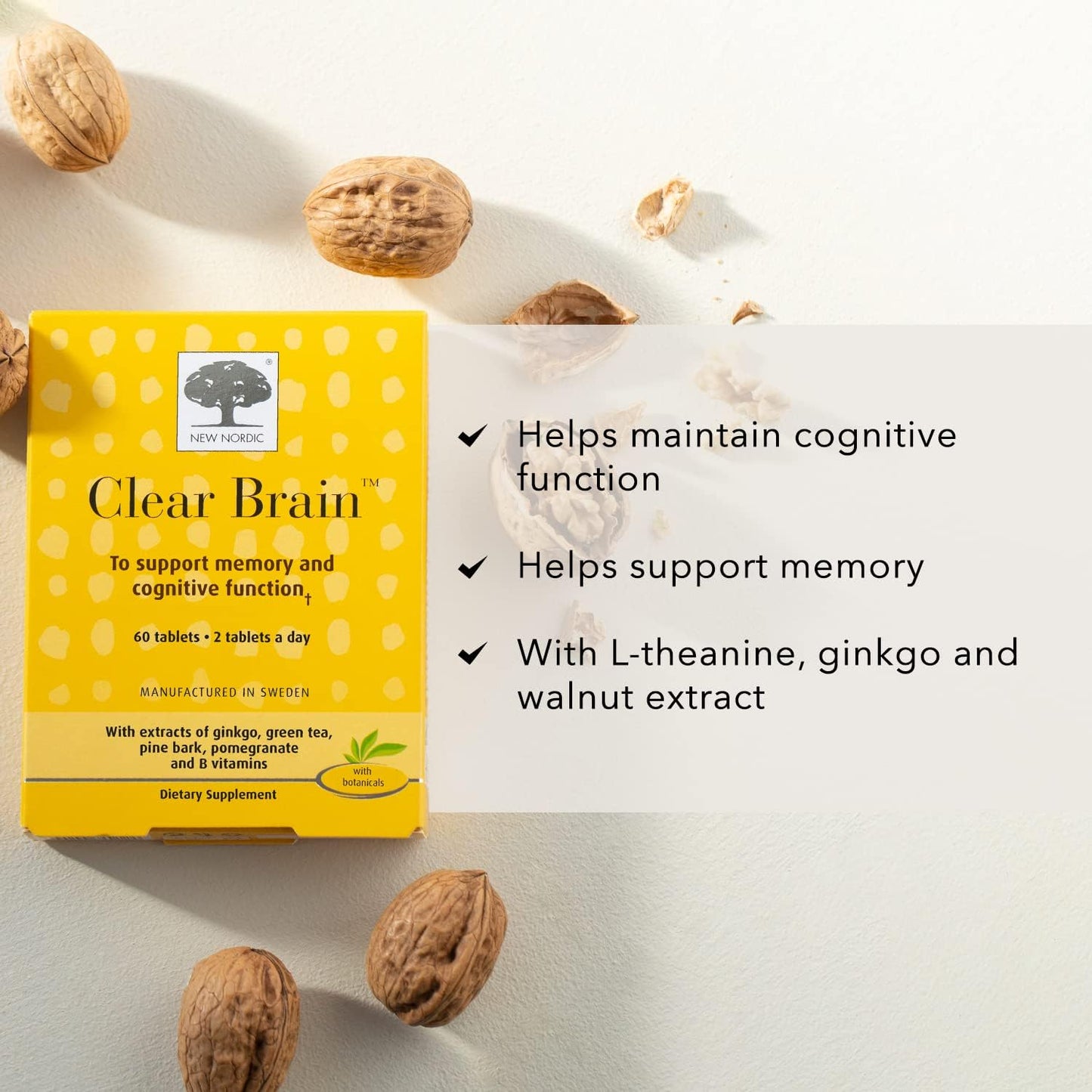 60 Count New Nordic Clear Brain Tablets with Green Tea & Walnut for Cognitive Health & Memory, Made in Sweden