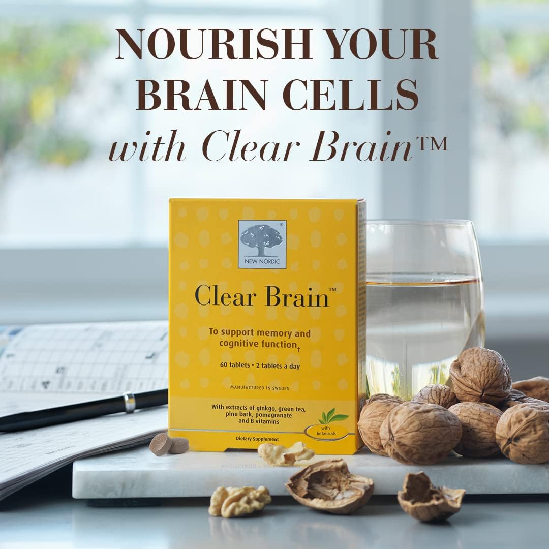 60 Count New Nordic Clear Brain Tablets with Green Tea & Walnut for Cognitive Health & Memory, Made in Sweden