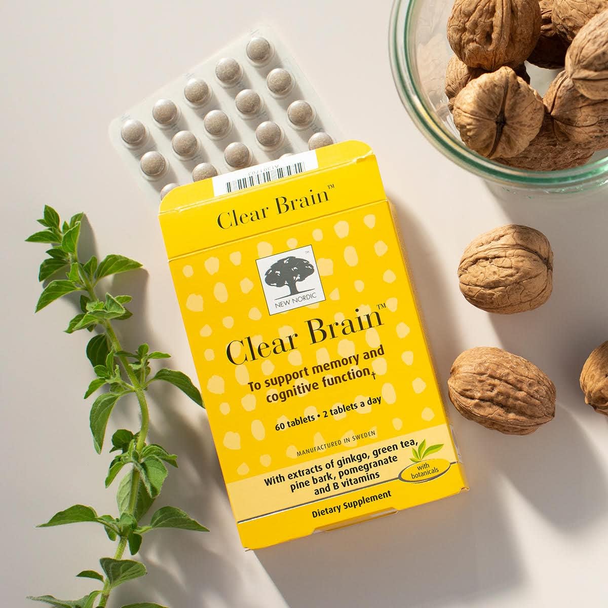 60 Count New Nordic Clear Brain Tablets with Green Tea & Walnut for Cognitive Health & Memory, Made in Sweden