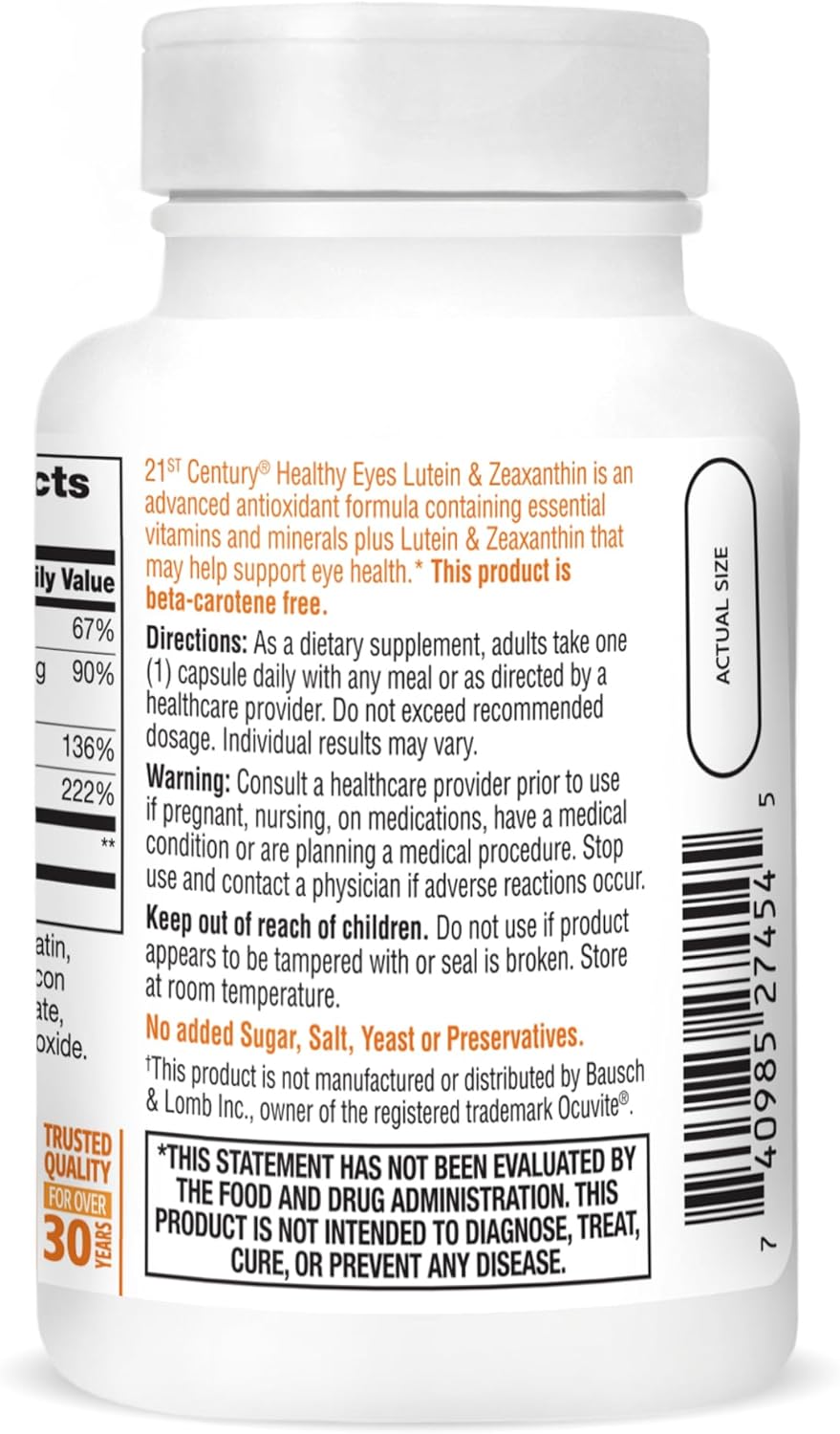 60 Count of 21st Century Lutein and Zeaxanthin Capsules for Healthy Eyes