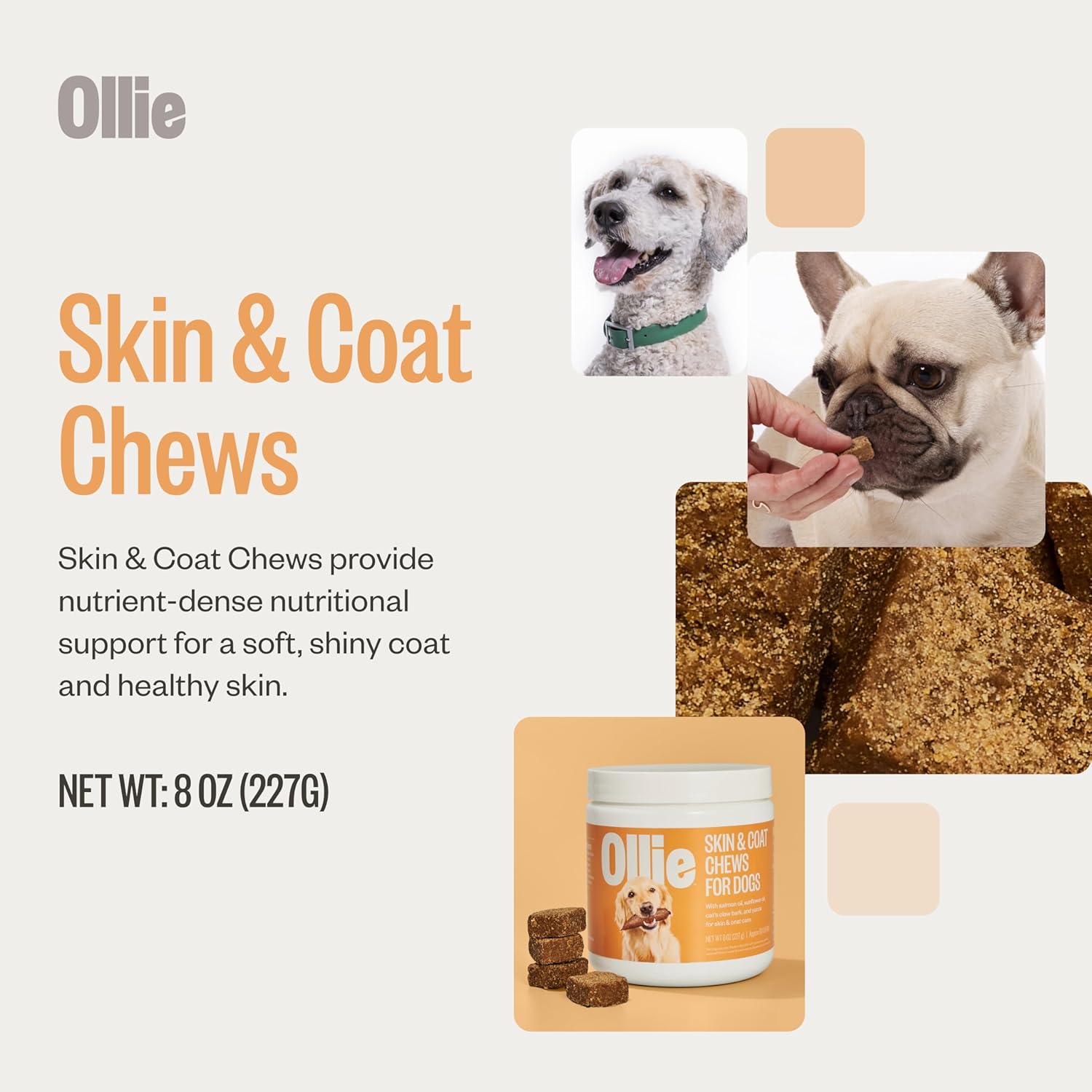 60-Count Ollie Dog Skin and Coat Supplement for Healthy and Shiny Fur - Soothes Irritated Skin