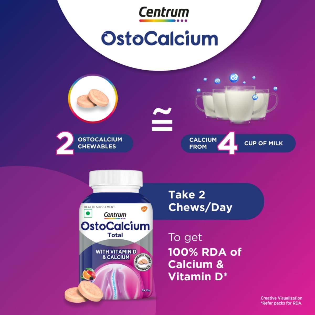 60 Count OstoCalcium Total Chewables with Vitamin D & Calcium for Strong Bones, Joints, and Muscles | Veg Formula | Top Calcium Supplement in India