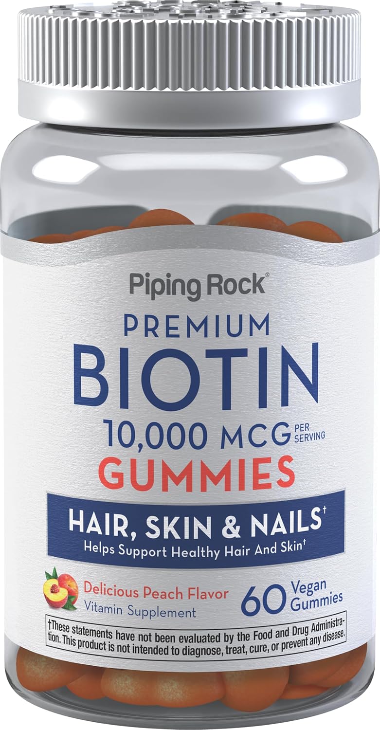 60 Count Piping Rock Vegan Peach Biotin Gummies 10000mcg for Hair Skin Nails - Premium Non-GMO Gluten Free Vitamin Supplement