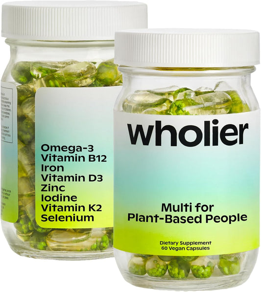 60 Count Plant Based Multivitamin with Vegan Omega-3 DHA EPA, Vitamin D, B12, Zinc, K2, Iron, Iodine, Selenium - 30 Day Supply in Glass Bottle