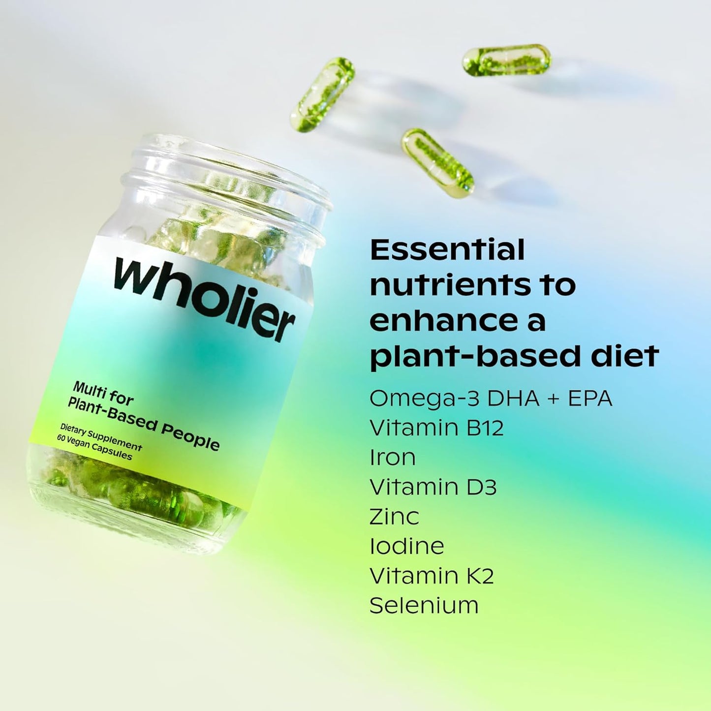 60 Count Plant Based Multivitamin with Vegan Omega-3 DHA EPA, Vitamin D, B12, Zinc, K2, Iron, Iodine, Selenium - 30 Day Supply in Glass Bottle