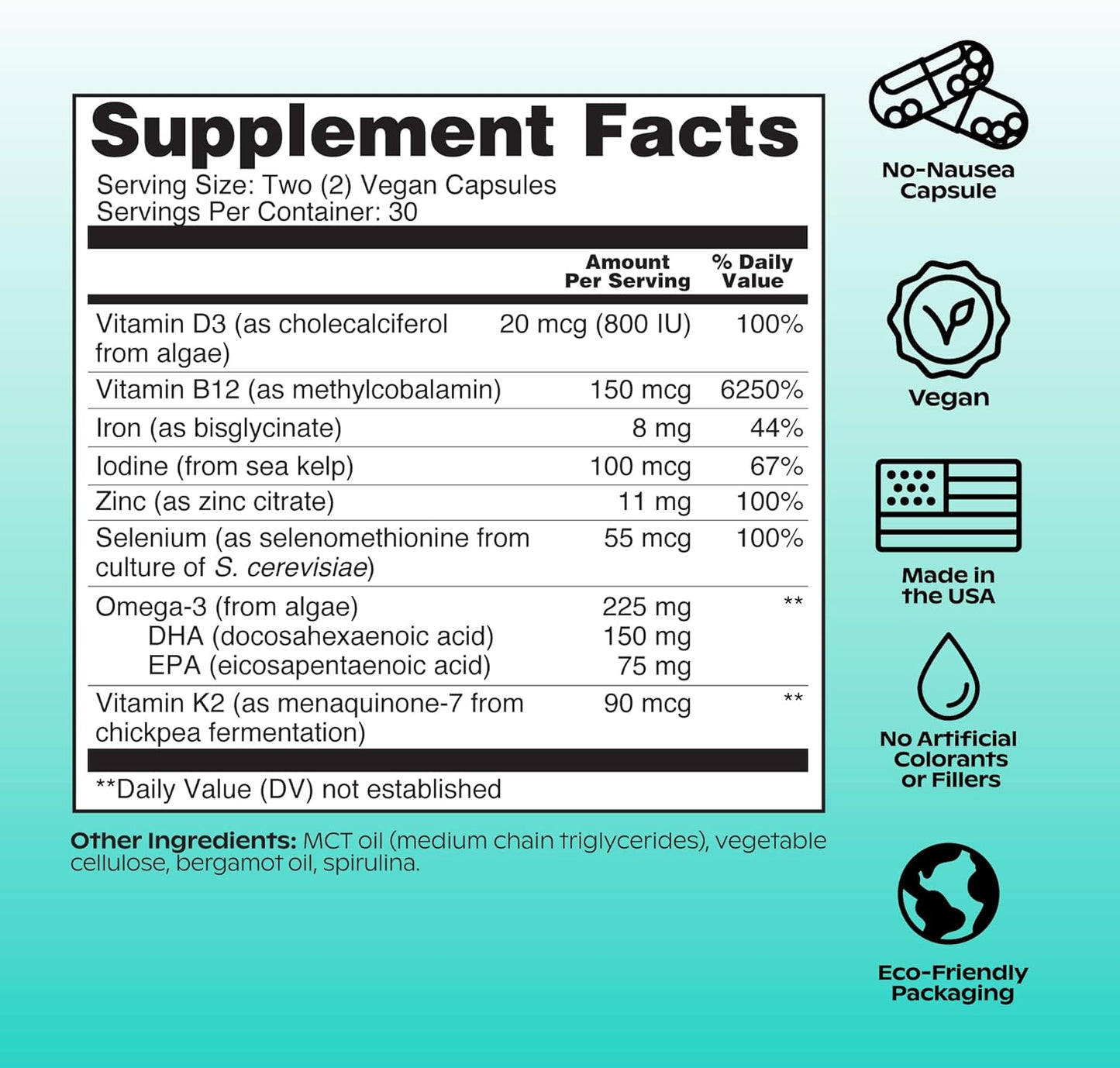 60 Count Plant Based Multivitamin with Vegan Omega-3 DHA EPA, Vitamin D, B12, Zinc, K2, Iron, Iodine, Selenium - 30 Day Supply in Glass Bottle