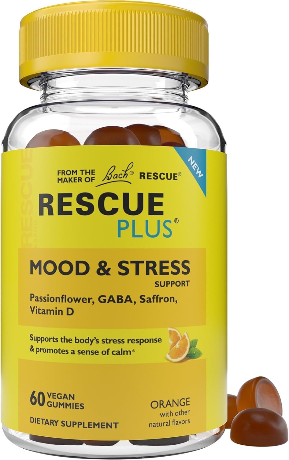 60 Count RESCUE Bach Plus Mood & Stress Support Gummies with Passionflower, GABA, Saffron & Vitamin D - Natural Orange Flavor, Vegan & Gluten-Free - Daytime Dietary Supplement