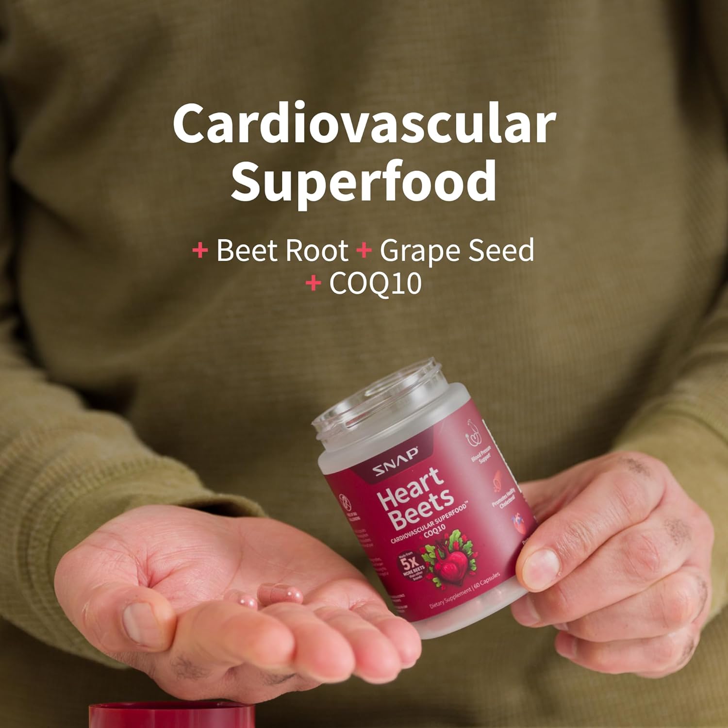 60 Count Snap Supplements Heart Beets Capsules - Nitric Oxide Booster for Heart Health and Circulation