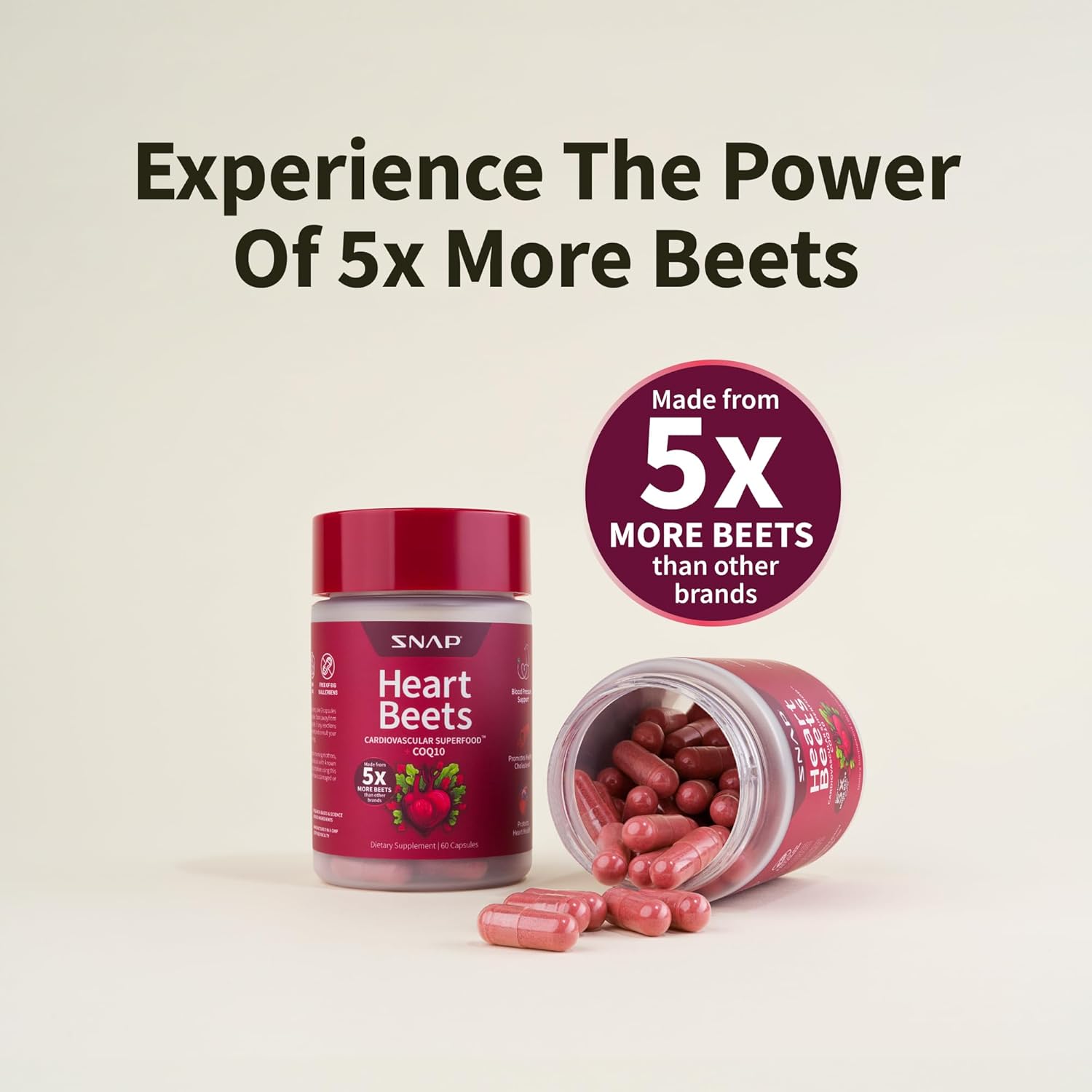 60 Count Snap Supplements Heart Beets Capsules - Nitric Oxide Booster for Heart Health and Circulation