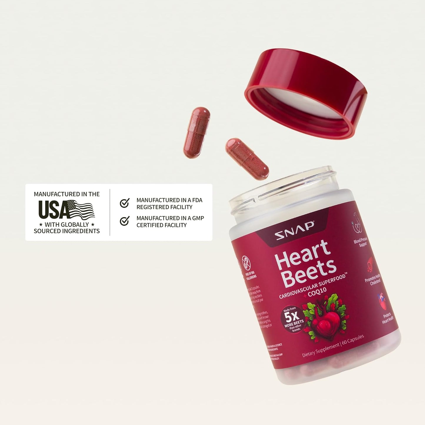 60 Count Snap Supplements Heart Beets Capsules - Nitric Oxide Booster for Heart Health and Circulation
