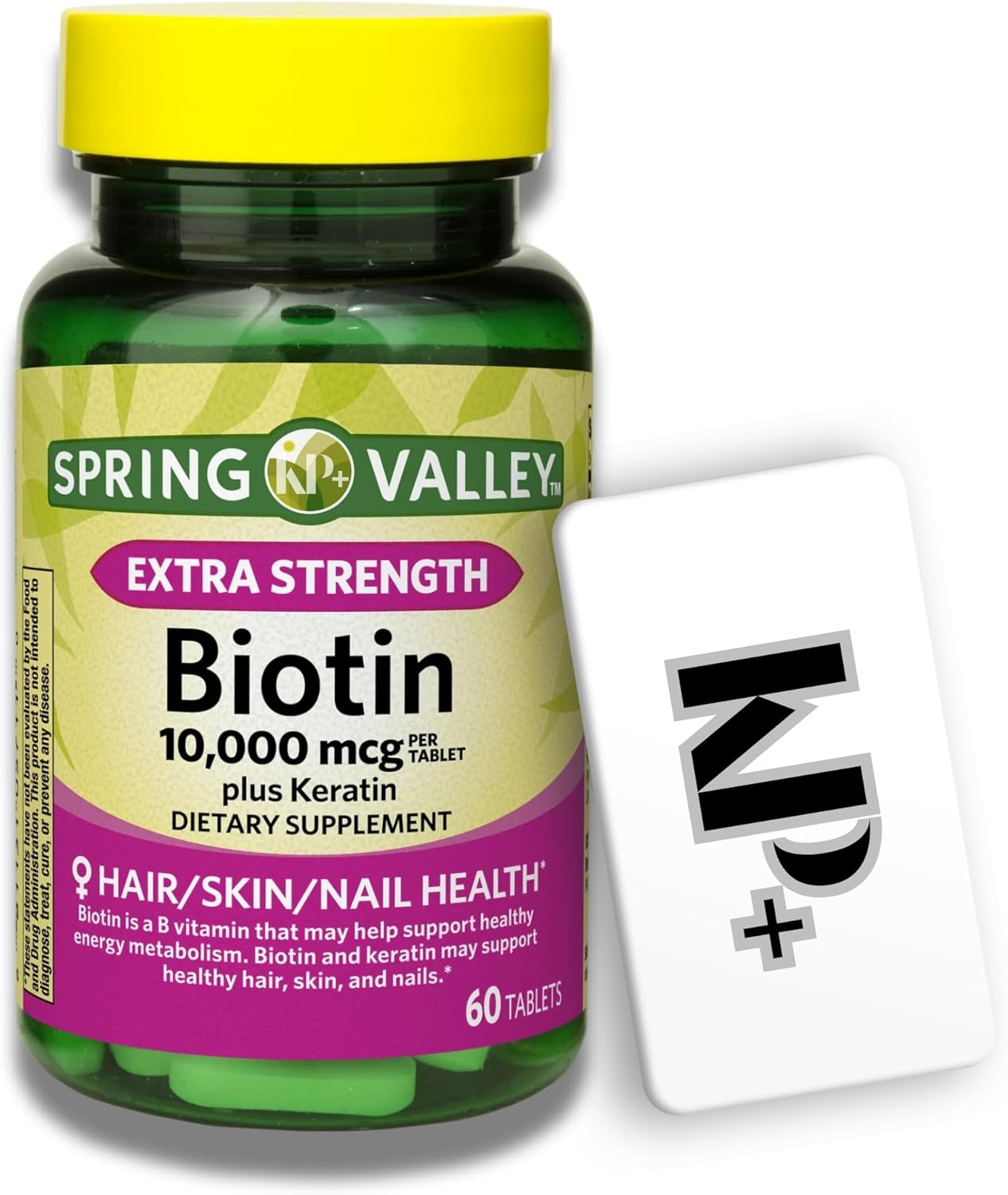 60 Count Spring Valley Biotin Tablets with Keratin, Biotin 10000 mcg Dietary Supplement + KP+Sticker