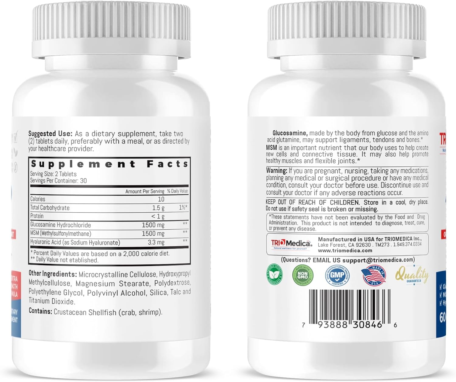 60 Count TRIOMEDICA Arthro Joint Glucosamine MSM Hyaluronic Acid Tablets for Healthy Joints, Non-GMO & Gluten Free