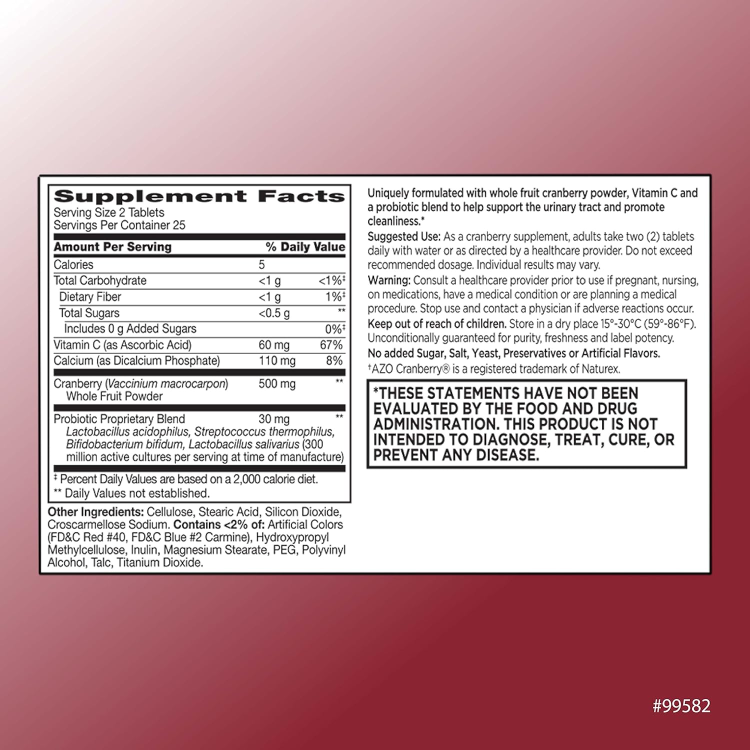 60 Count Urinary Tract Support Cranberry + Probiotic Tablets - Enhanced with Vitamins - High-Quality Formula