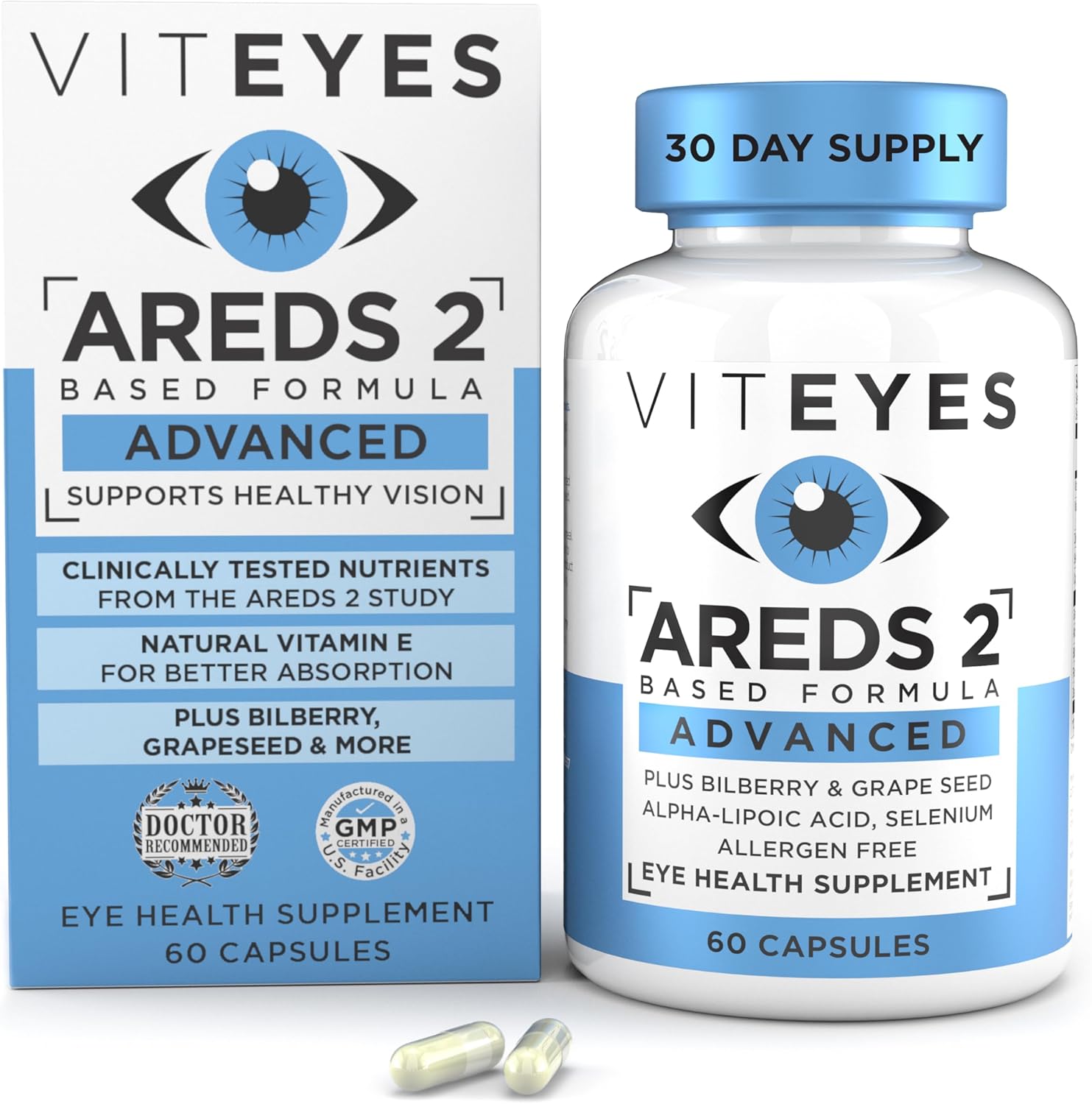 60 Count Viteyes AREDS 2 Advanced Macular Support with Bilberry, Grapeseed, FLORAGLO Lutein, and Selenium - Natural Vitamin E - Allergen Free - Eye Vitamins for Vision Protection