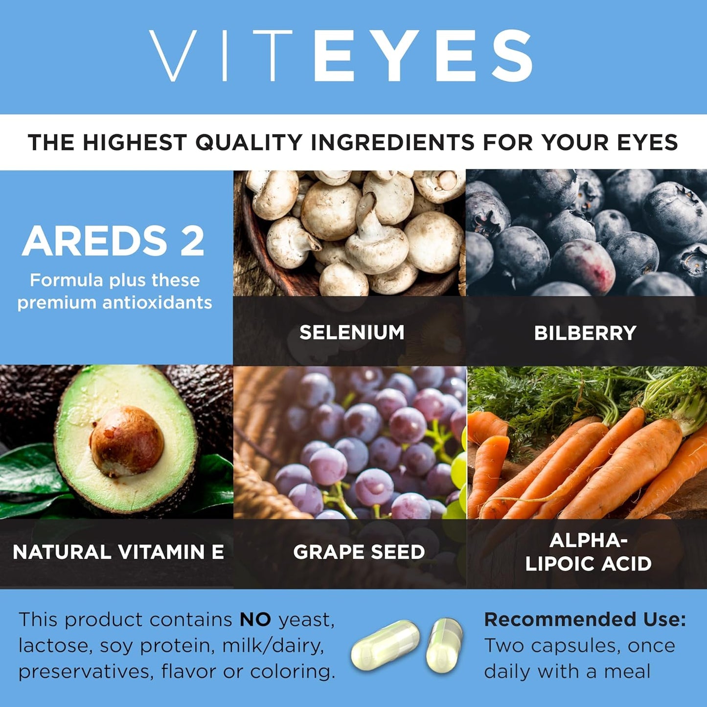 60 Count Viteyes AREDS 2 Advanced Macular Support with Bilberry, Grapeseed, FLORAGLO Lutein, and Selenium - Natural Vitamin E - Allergen Free - Eye Vitamins for Vision Protection