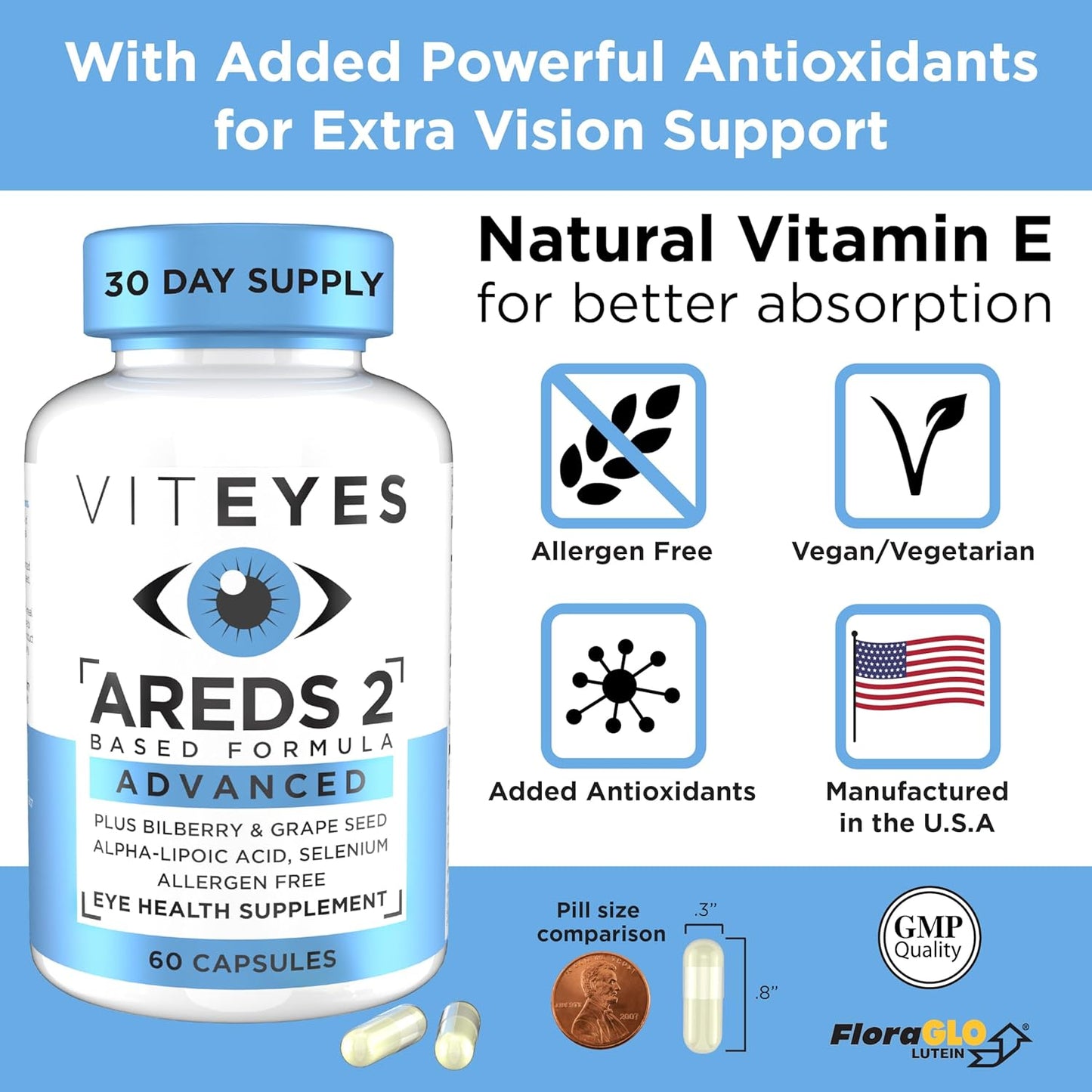 60 Count Viteyes AREDS 2 Advanced Macular Support with Bilberry, Grapeseed, FLORAGLO Lutein, and Selenium - Natural Vitamin E - Allergen Free - Eye Vitamins for Vision Protection