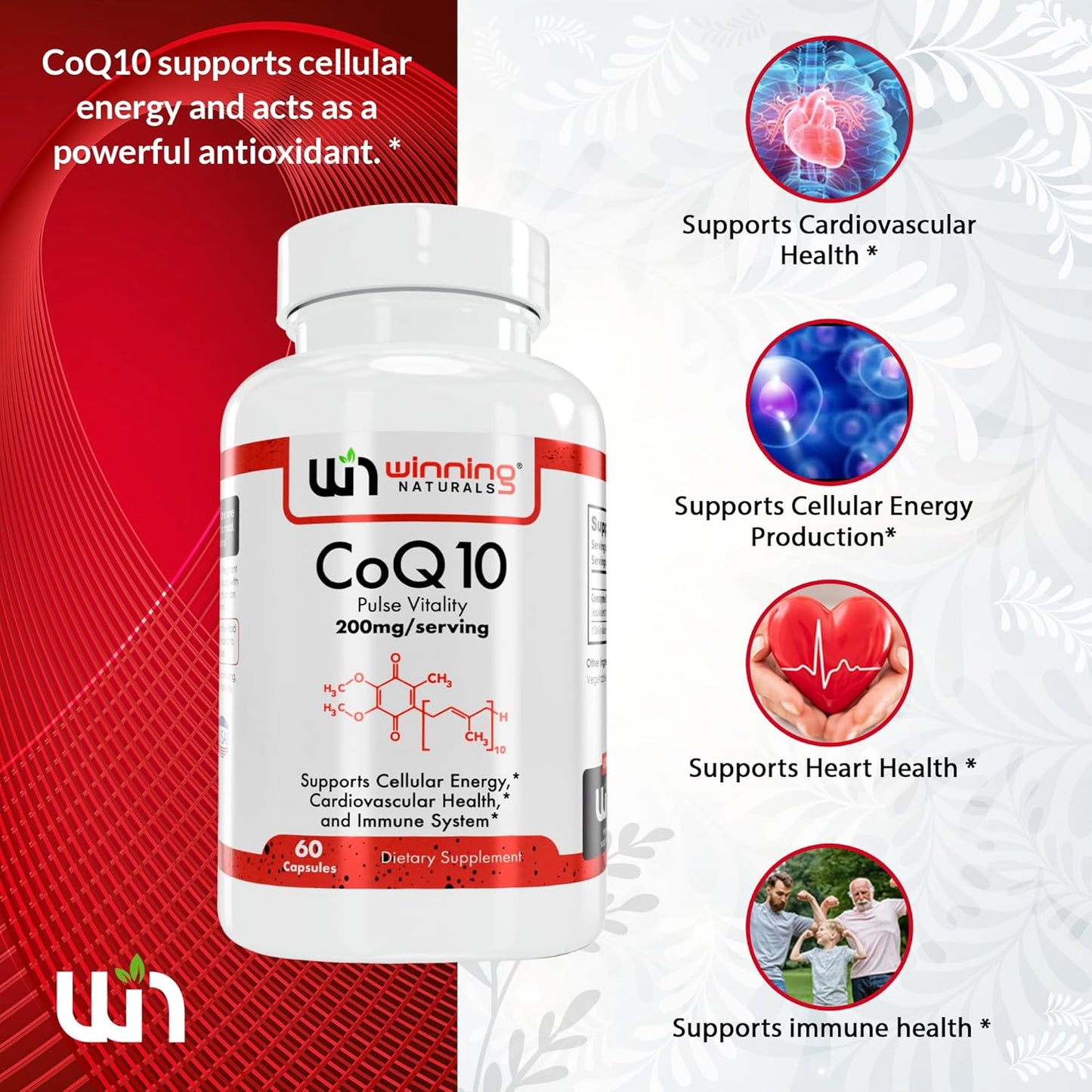 60 Count Winning Naturals CoQ10 200mg Capsules for Heart Health and Energy Production