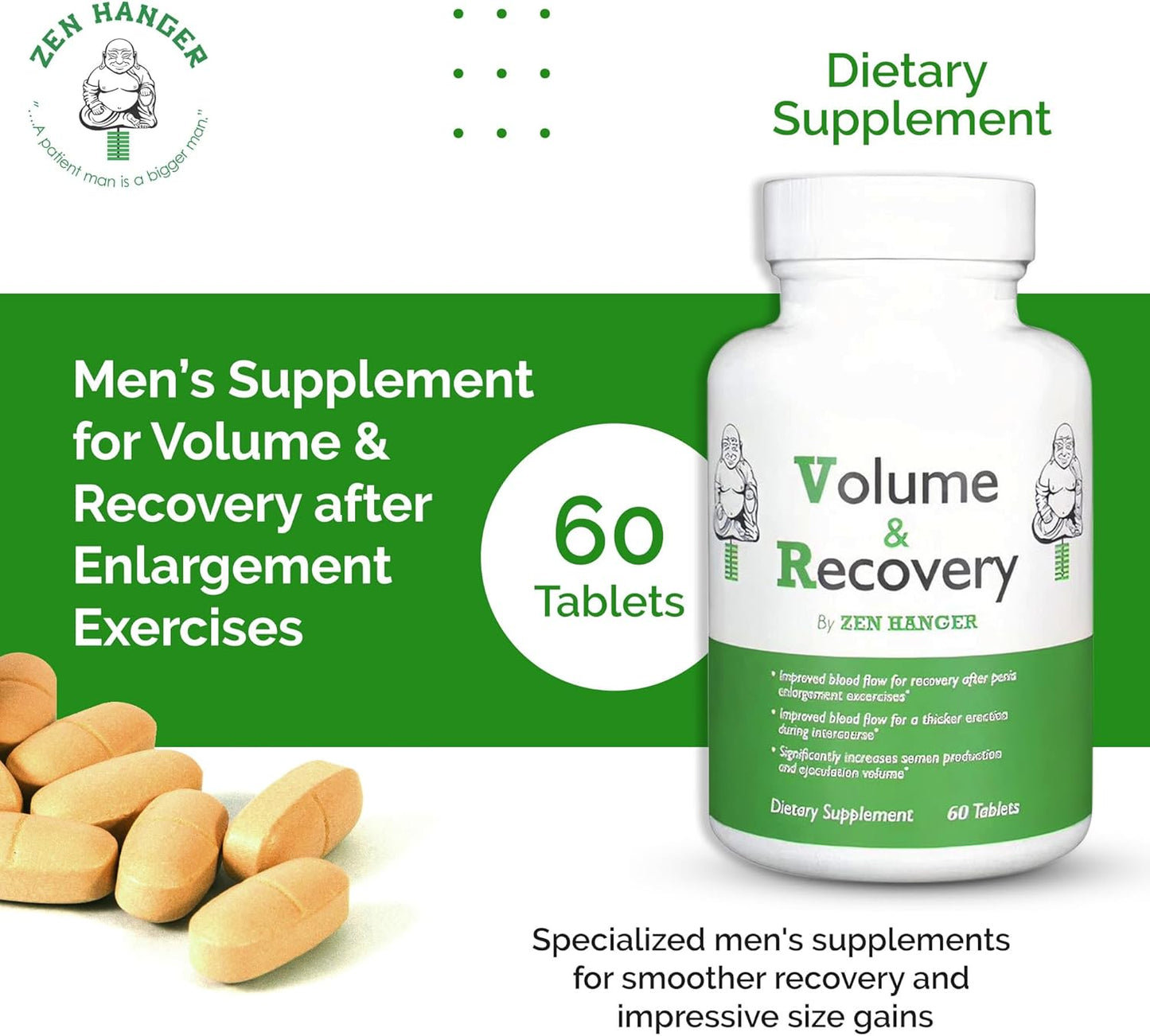 60-Count Zen Hanger Male Enhancement Pills for Permanent Size Increase - Men's Supplement for Recovery & Girth After Enlargement Exercises - Penis Enlargement Pills