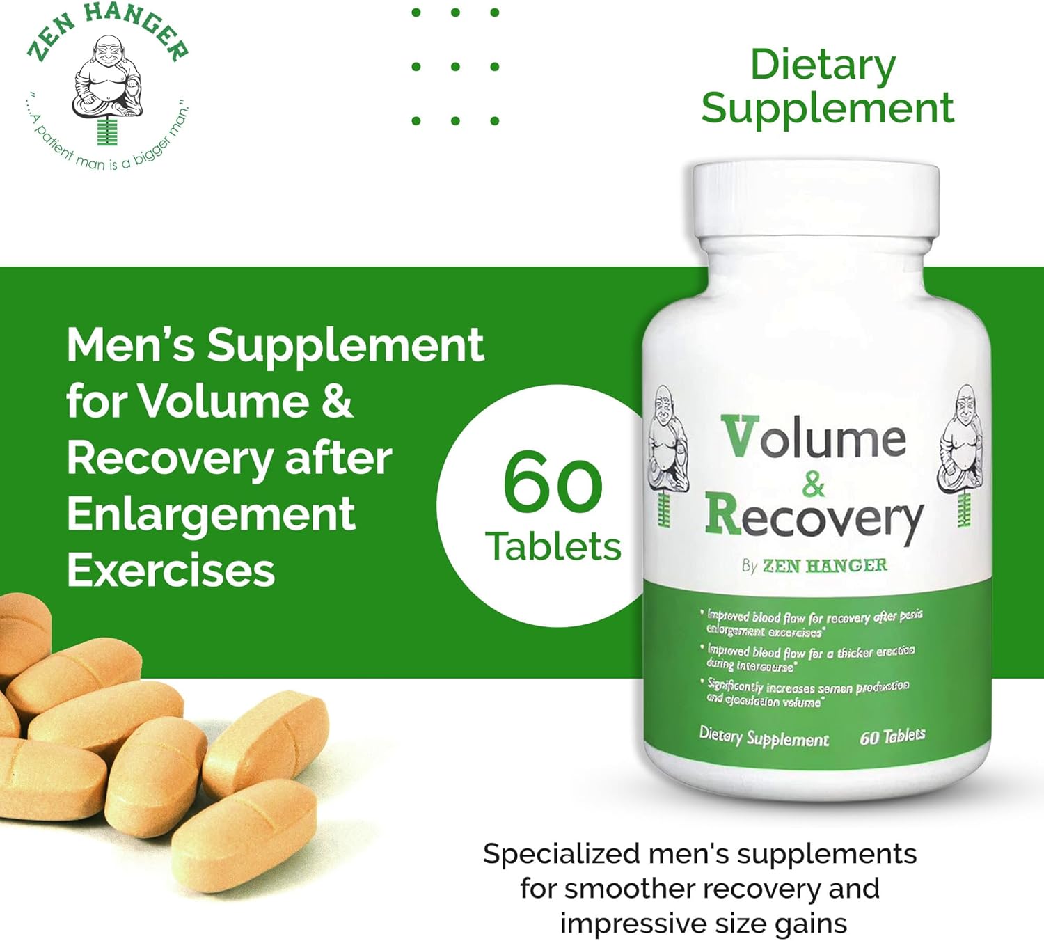 60-Count Zen Hanger Male Enhancement Pills for Permanent Size Increase - Men's Supplement for Recovery & Girth After Enlargement Exercises - Penis Enlargement Pills