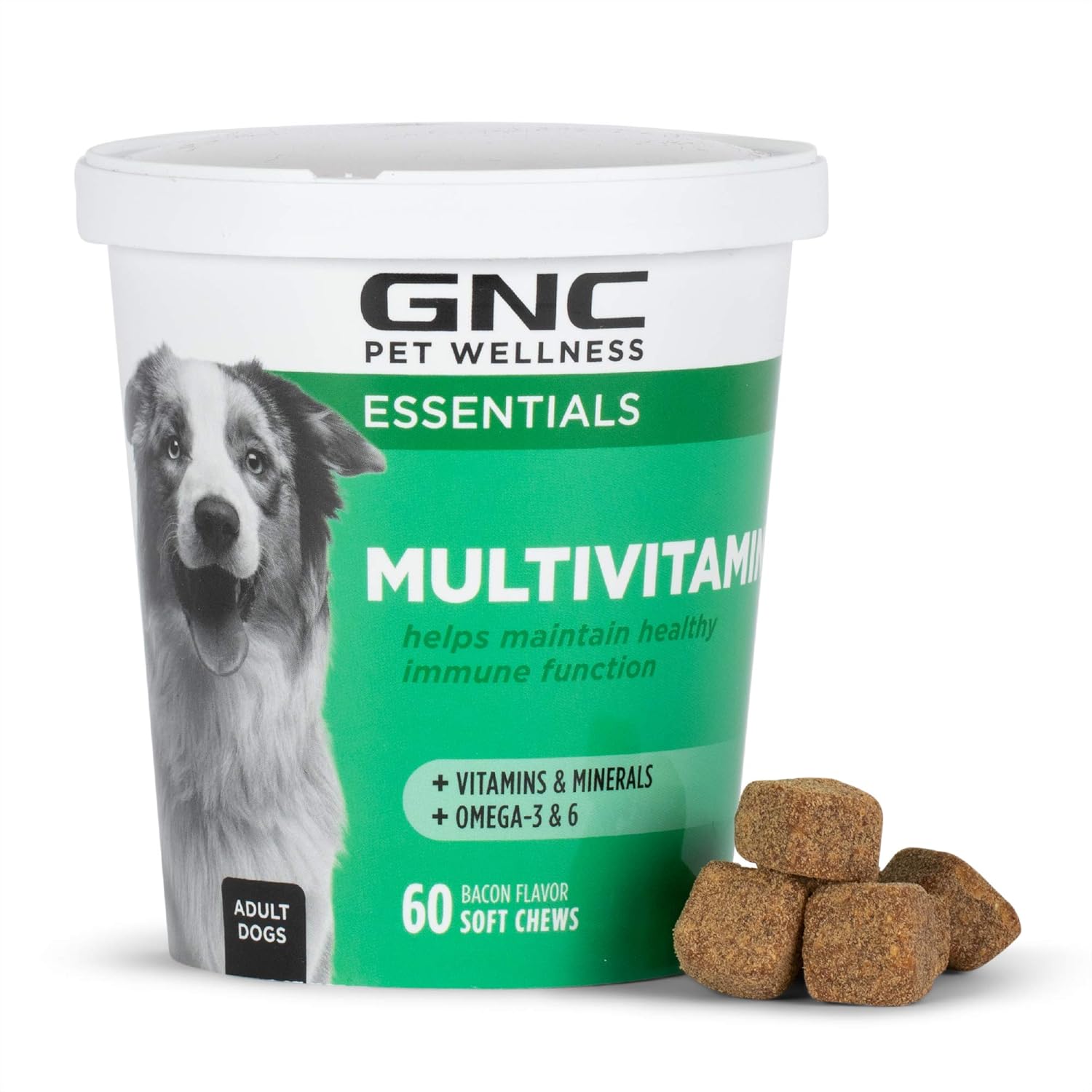 60 ct GNC Essentials Dog Multivitamin Soft Chews with Salmon Oil - Bacon Flavor Chewable Supplement Boosts Immune System