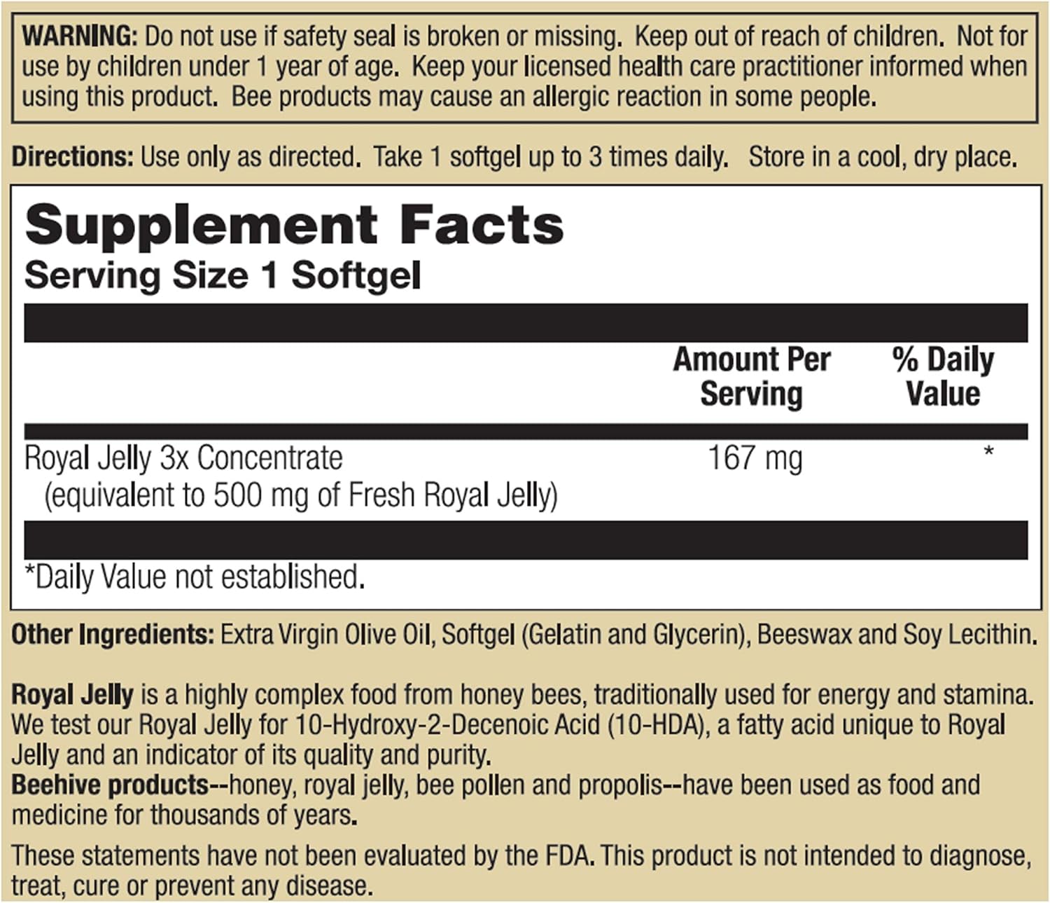 60 CT Honey Gardens Premier One Royal Jelly 500mg Supplement