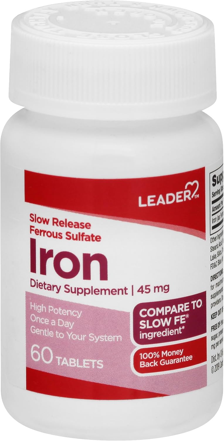 60 Ct LEADER Slow Iron 45mg Tablets, Red Blood Cell Production Support, Gentle on Stomach - 1 Pack