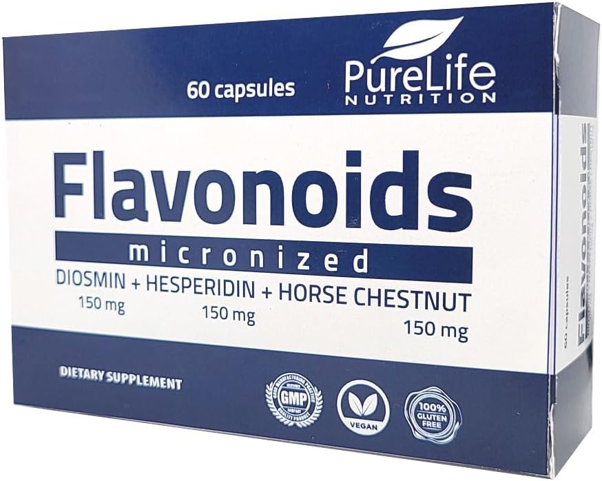 60-Day PureLife Nutrition Flavonoids Support Healthy Circulation, Veins, Capillaries, Lymphatic Drainage - Micronized Diosmin, Hesperidin, Horse Chestnut - Vegan - GMP Certified