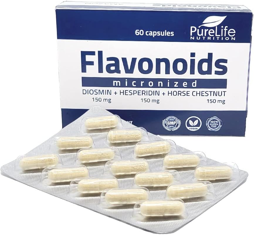 60-Day PureLife Nutrition Flavonoids Support Healthy Circulation, Veins, Capillaries, Lymphatic Drainage - Micronized Diosmin, Hesperidin, Horse Chestnut - Vegan - GMP Certified