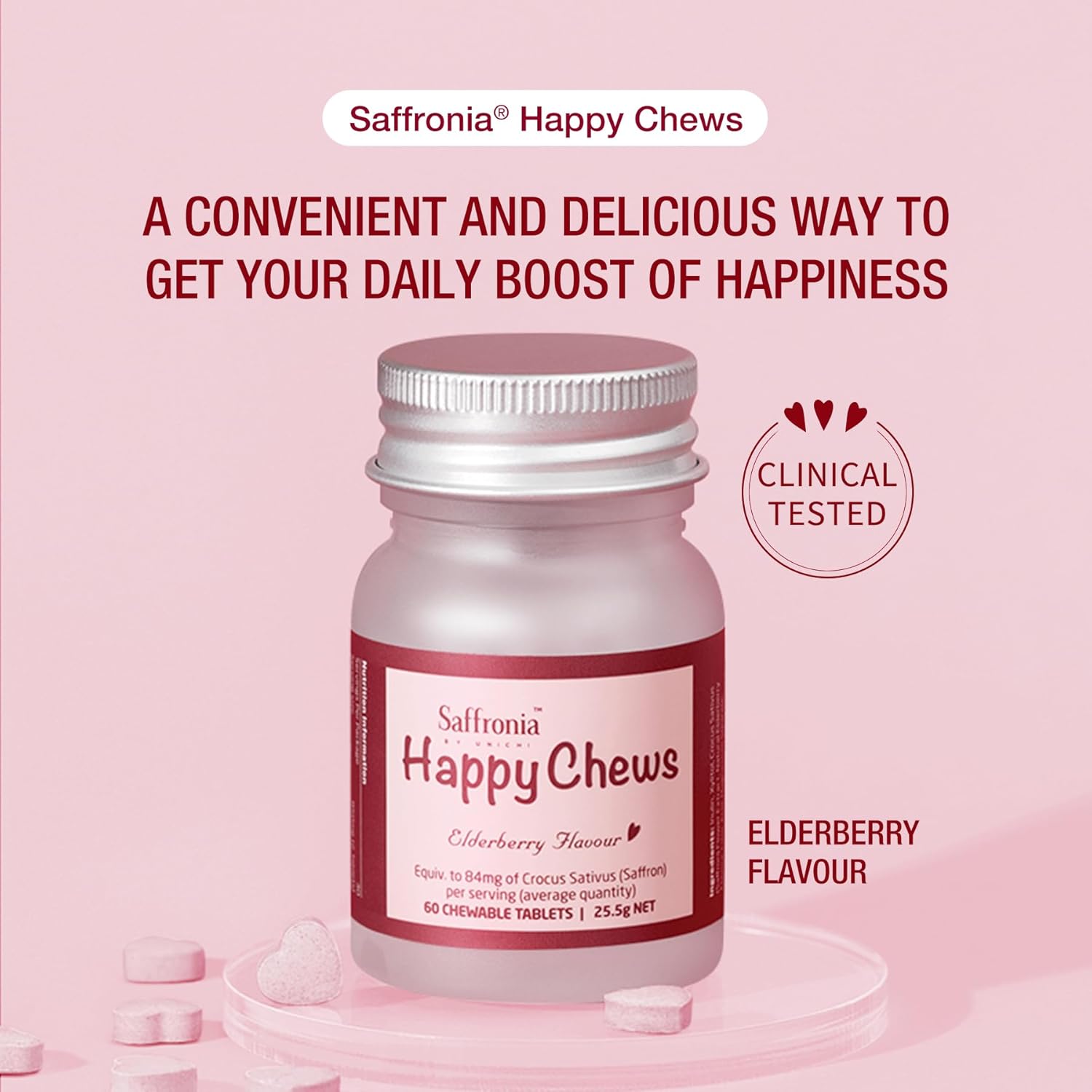 60 Elderberry Flavour Unichi Saffronia Happy Chews for Mood Balance and Stress Reduction