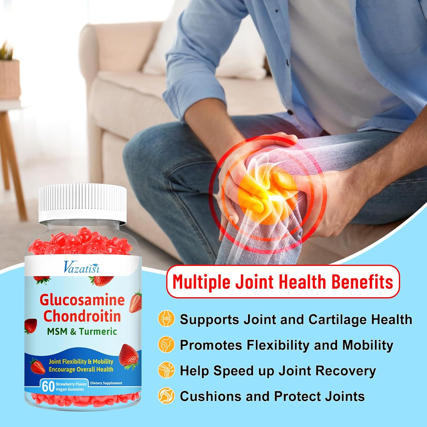 60 Gummies - Vazatisi Joint Support Supplement with Bioavailable Glucosamine, Chondroitin, Turmeric, MSM, and Boswellia - Cartilage and Flexibility Boost