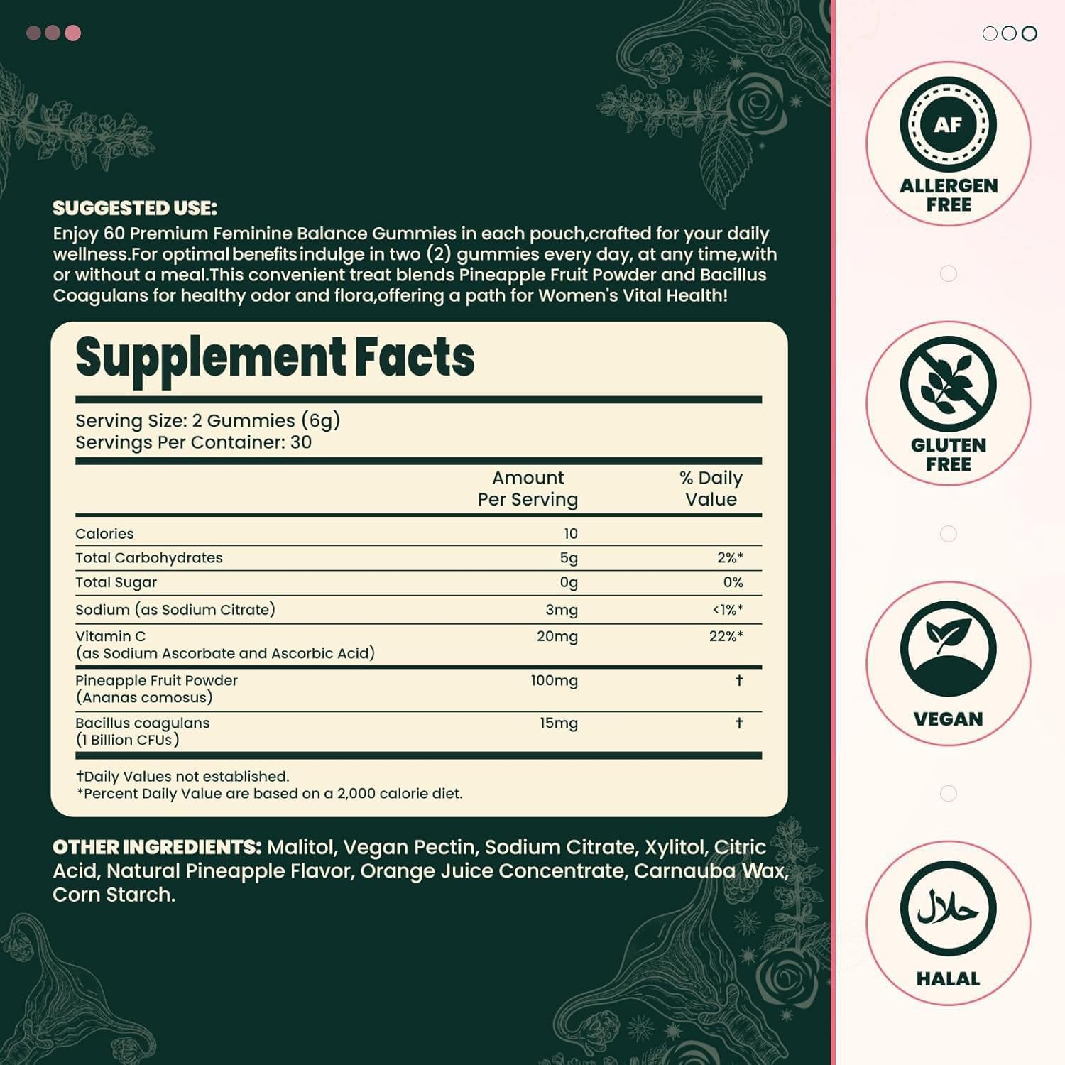 60 Hawaiian Pineapple Flavor Women's Health Gummies - Vegan & Gluten-Free - FW ZONE Feminine Balance Formula