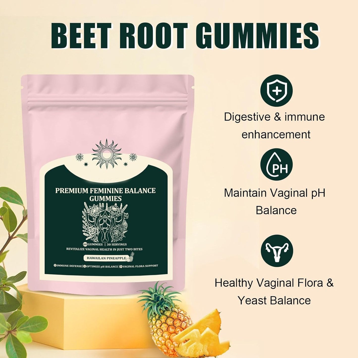 60 Hawaiian Pineapple Flavor Women's Health Gummies - Vegan & Gluten-Free - FW ZONE Feminine Balance Formula