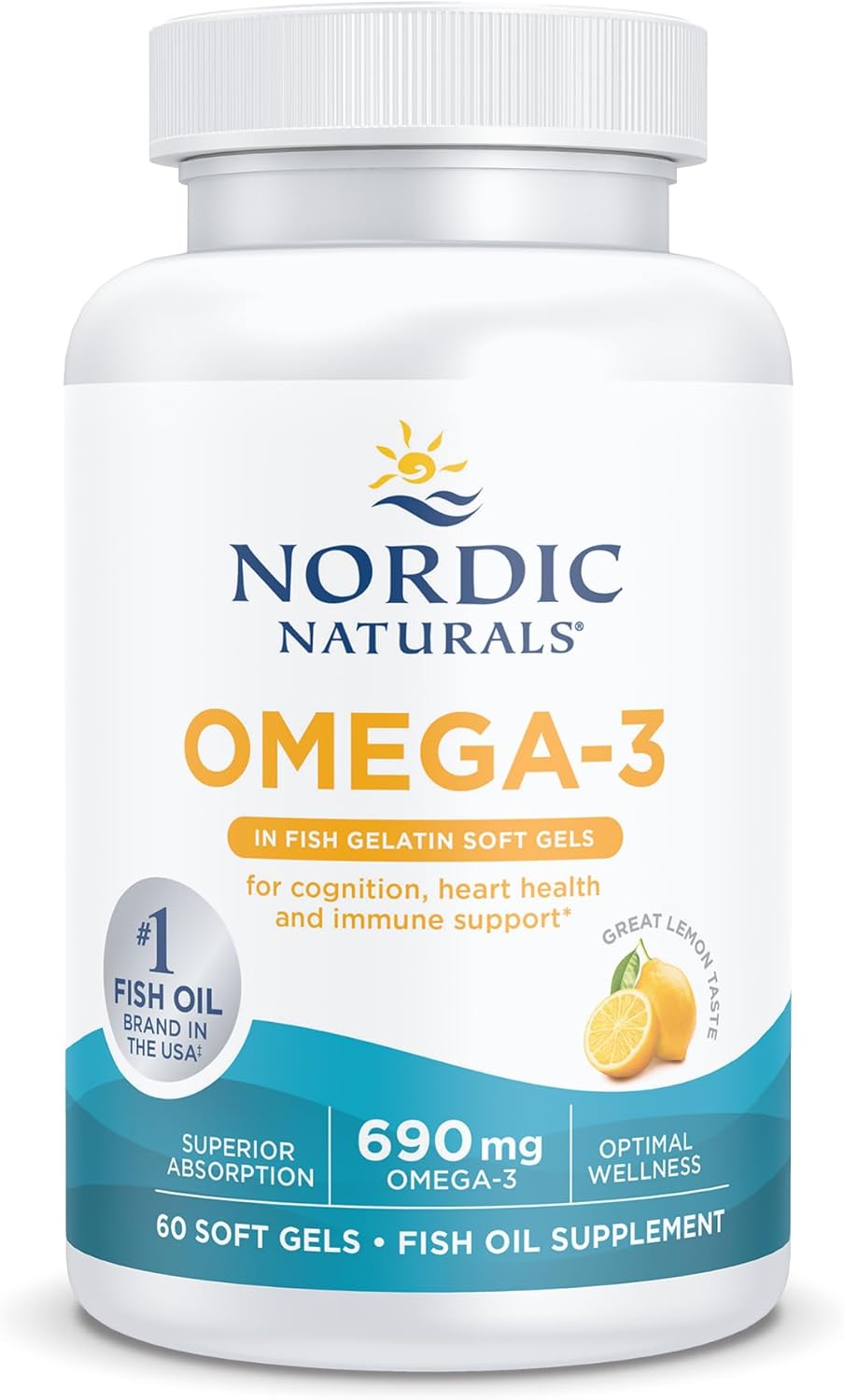 60 Lemon Flavored Fish Gel Caps - 690mg Omega-3 - EPA & DHA for Brain & Heart Health - Immune Support - Non-GMO - 30 Servings