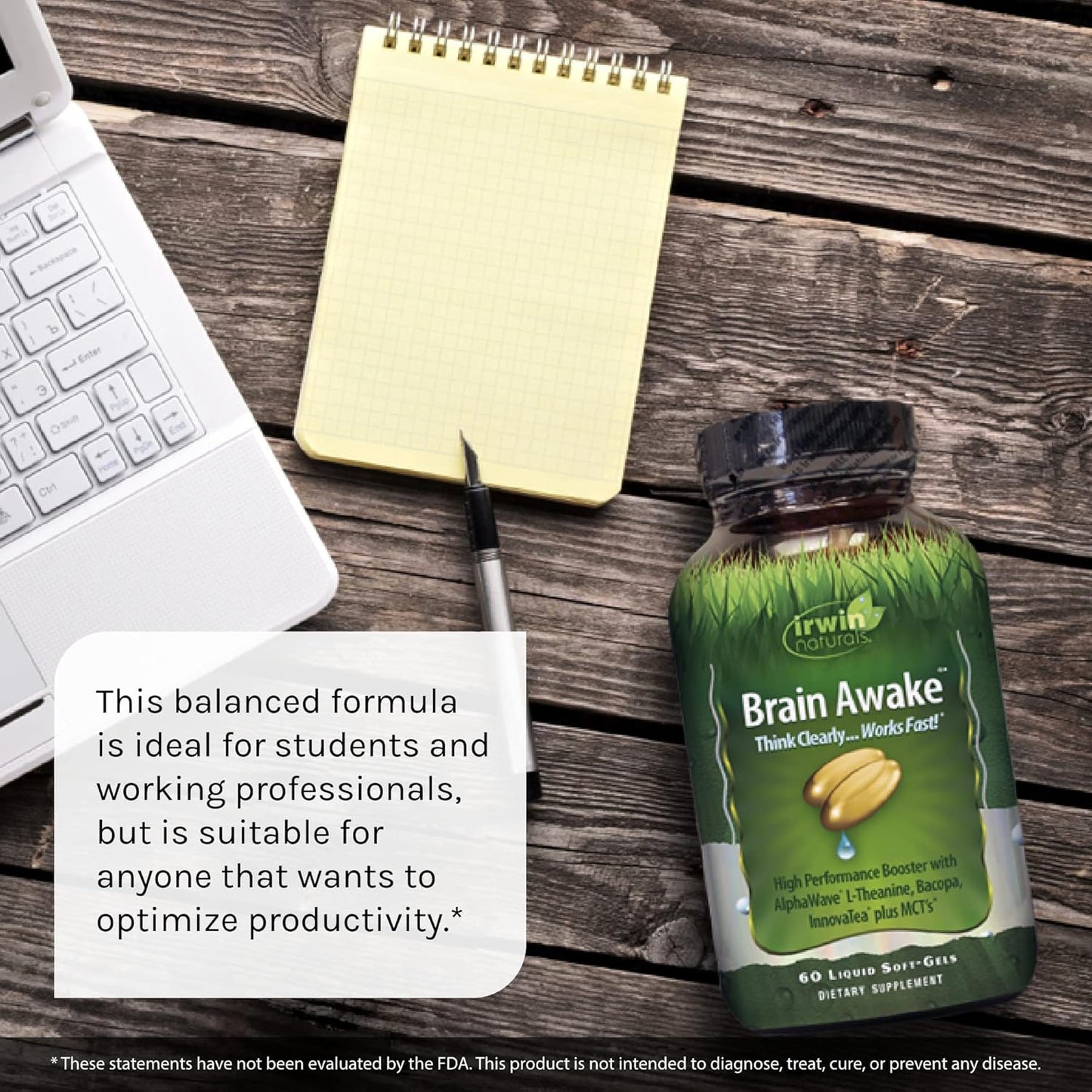 60 Liquid Softgels Bundle with Pill Case - Nootropic Booster for Enhanced Mental Performance, Focus, Clarity, and Concentration - Irwin Naturals Brain Awake with L-Theanine, Bacopa, MCT's