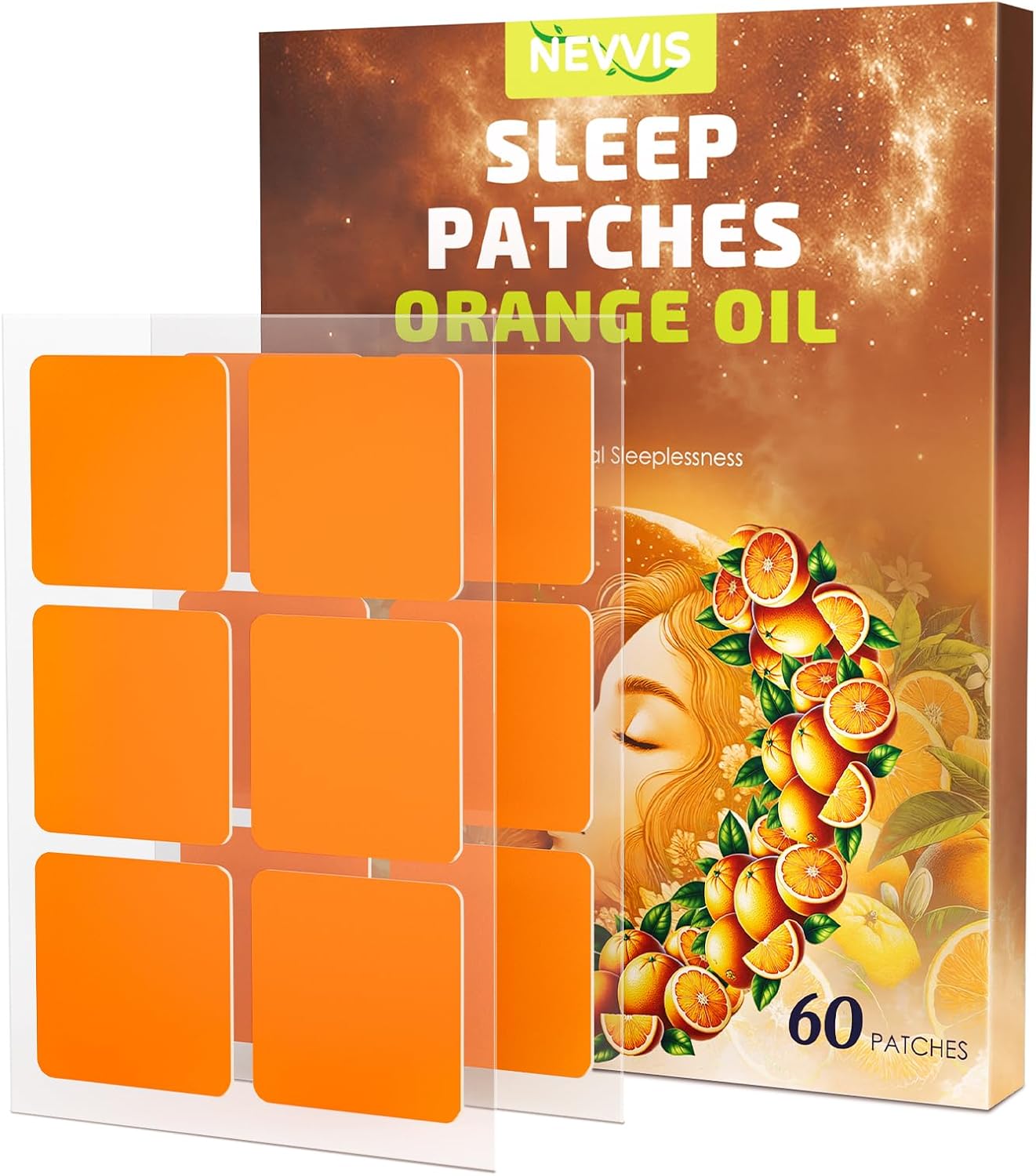 60 NEVVIS Sweet Orange Deep Sleep Patches for Adults - Natural Plant Ingredients, Extra Strength, Men and Women, Skin-Friendly & Easy