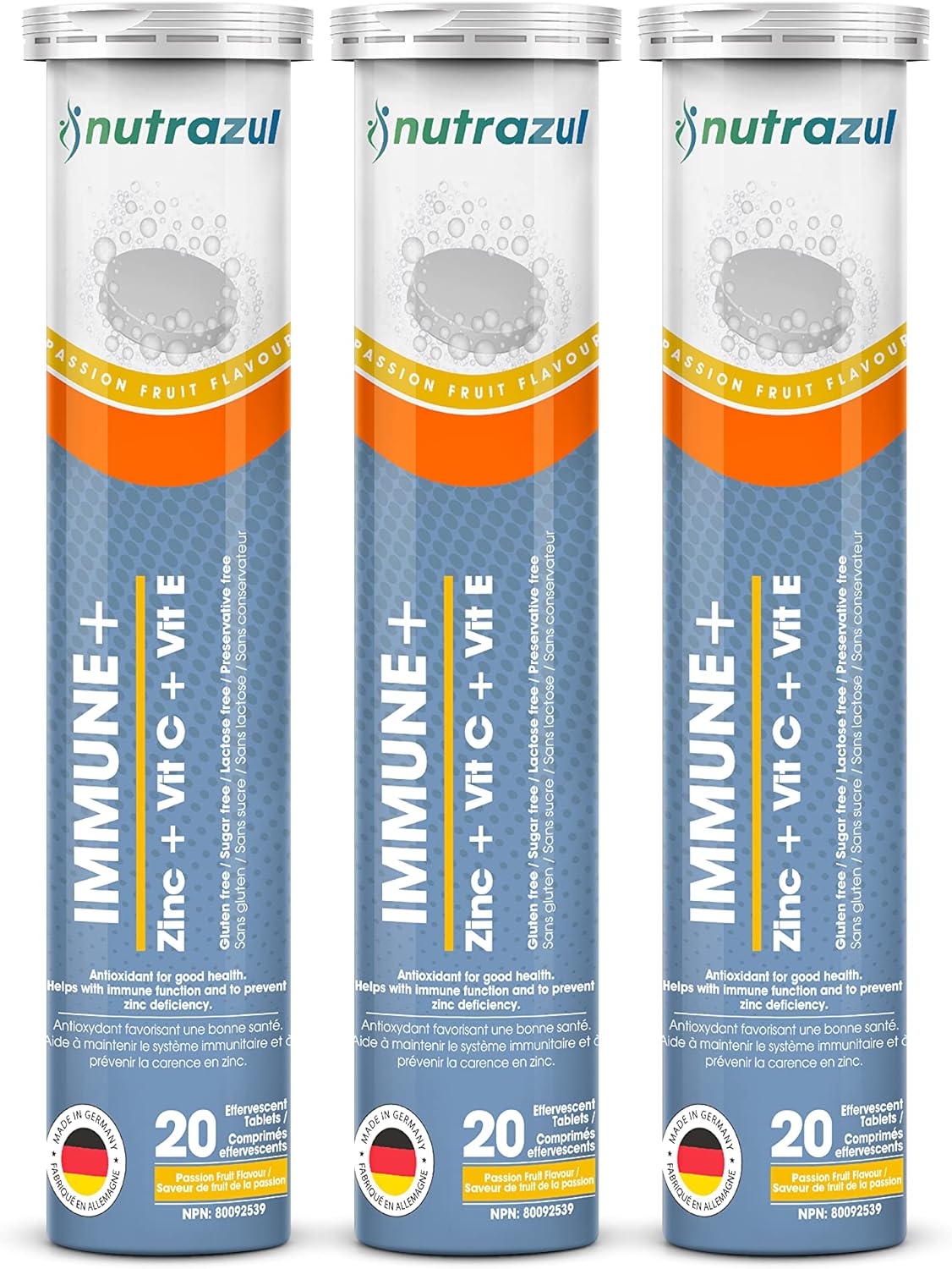60 Nutrazul Immune+ Effervescent Tablets with Vitamin C, Zinc, and E - Immune Support for Adults & Kids - Passion Fruit Flavor - Flu Season Protection