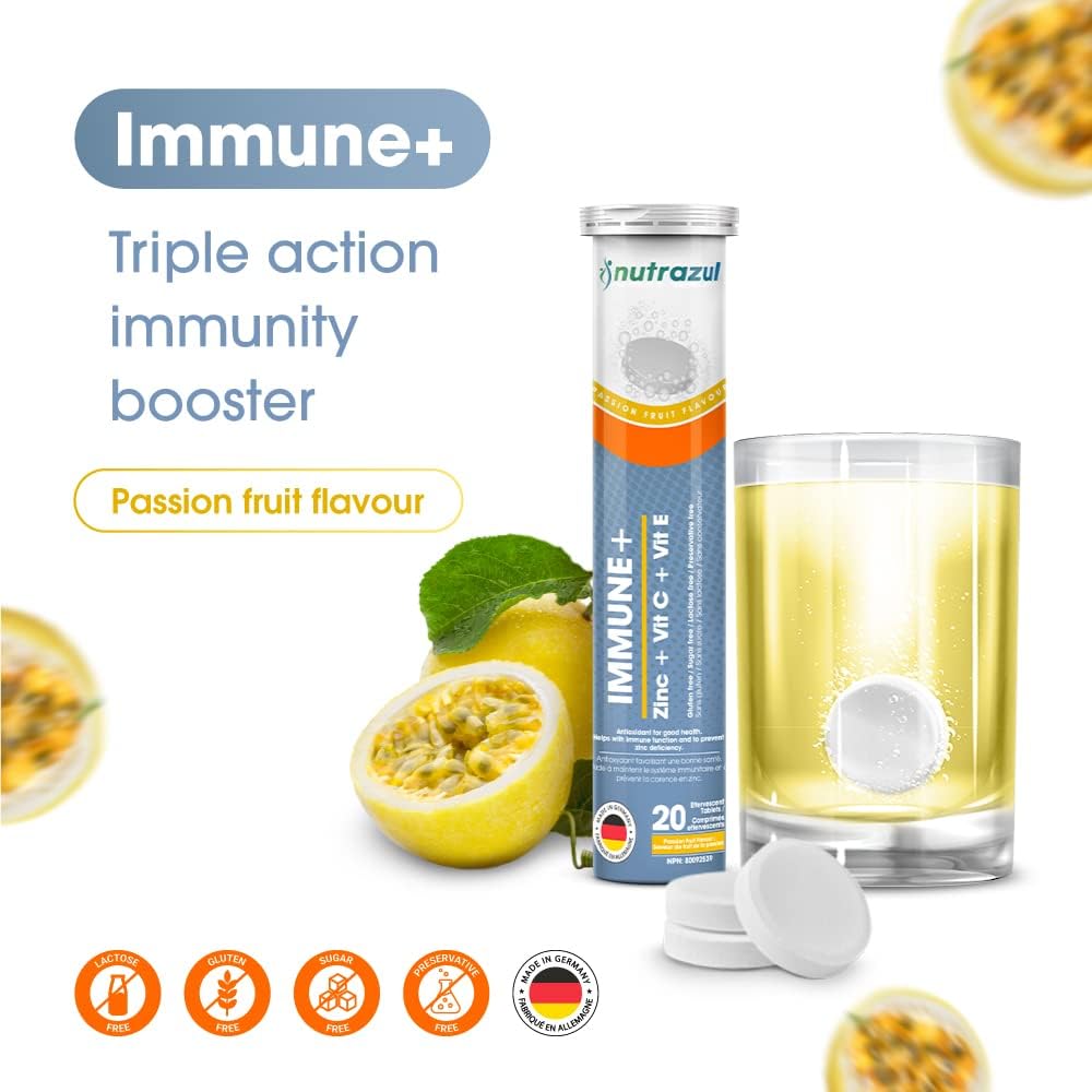 60 Nutrazul Immune+ Effervescent Tablets with Vitamin C, Zinc, and E - Immune Support for Adults & Kids - Passion Fruit Flavor - Flu Season Protection