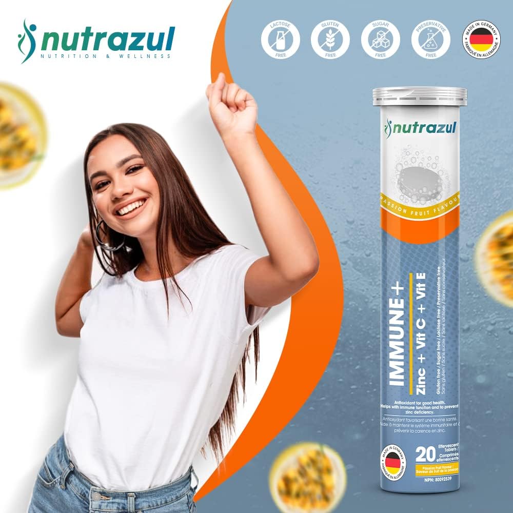 60 Nutrazul Immune+ Effervescent Tablets with Vitamin C, Zinc, and E - Immune Support for Adults & Kids - Passion Fruit Flavor - Flu Season Protection