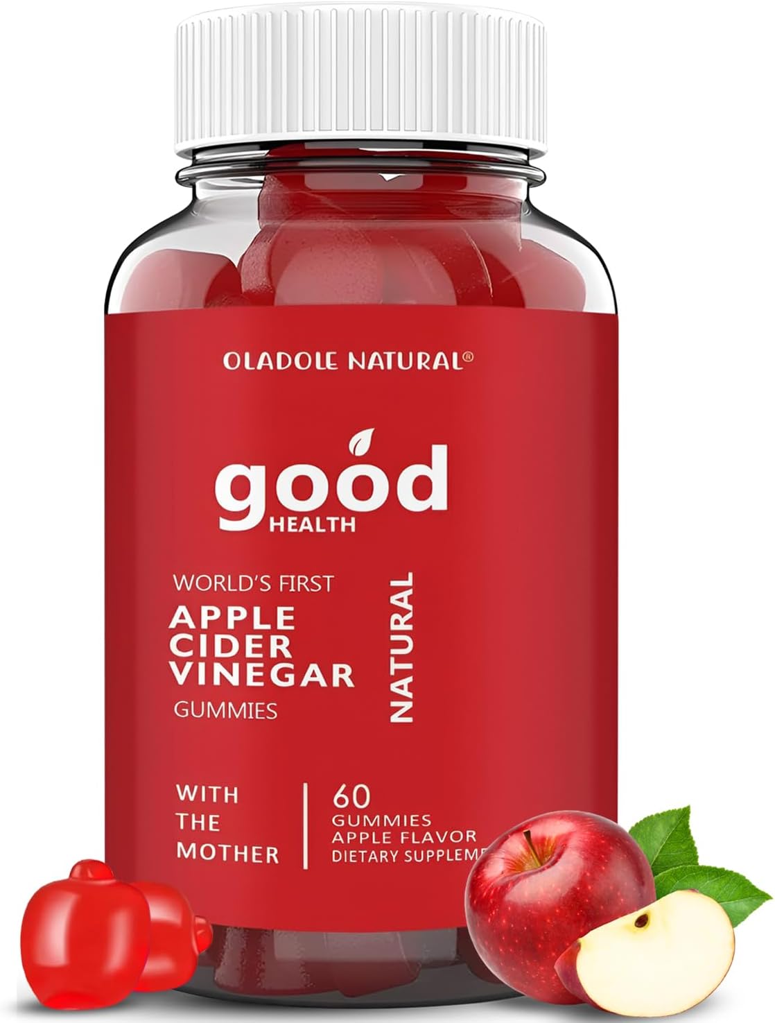 60 Oladole Apple Cider Vinegar Gummies with Mother, Vitamin B12, B9, Pomegranate, Beetroot - Gelatin-Free, Gluten-Free, Vegan