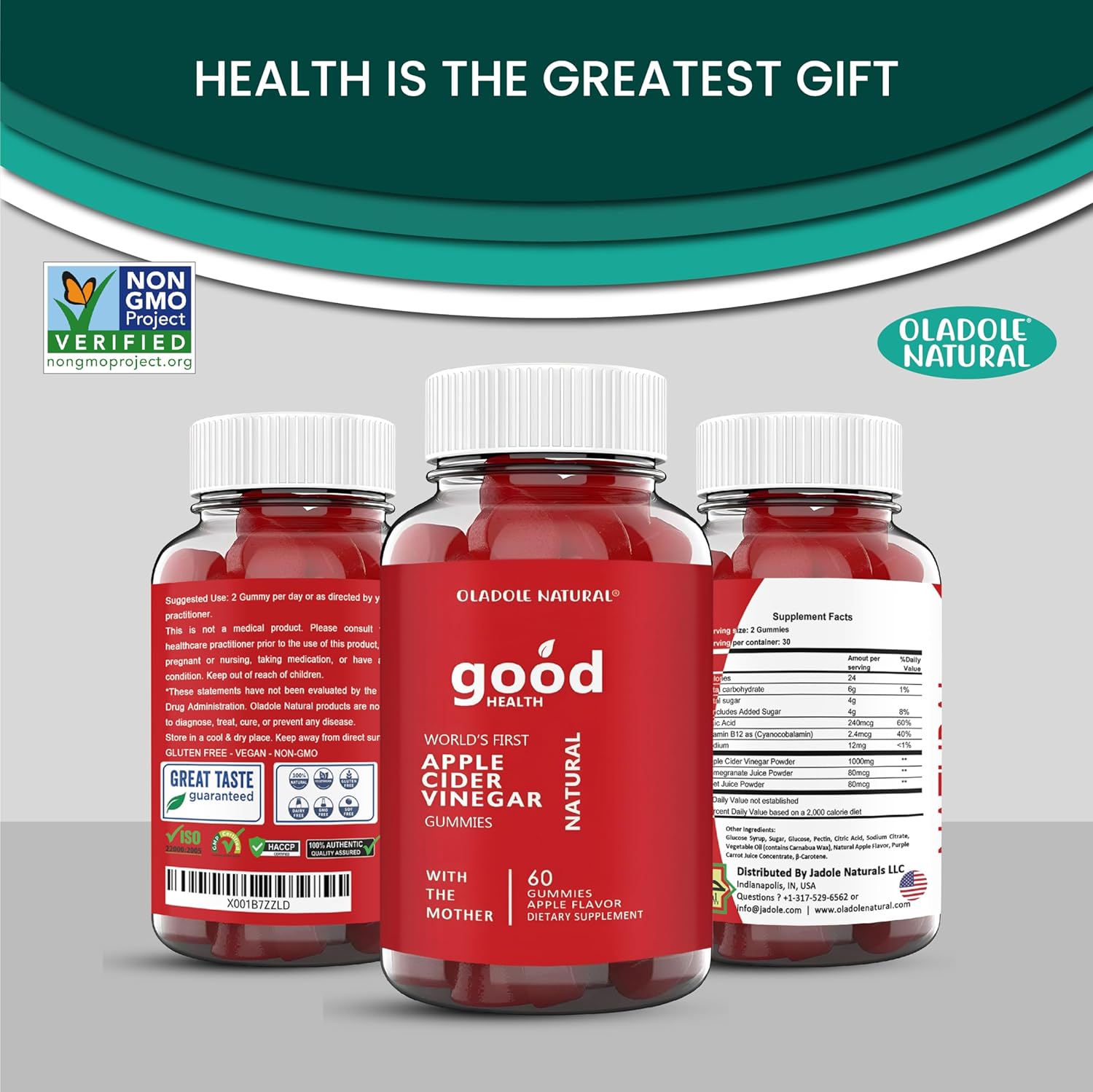 60 Oladole Apple Cider Vinegar Gummies with Mother, Vitamin B12, B9, Pomegranate, Beetroot - Gelatin-Free, Gluten-Free, Vegan