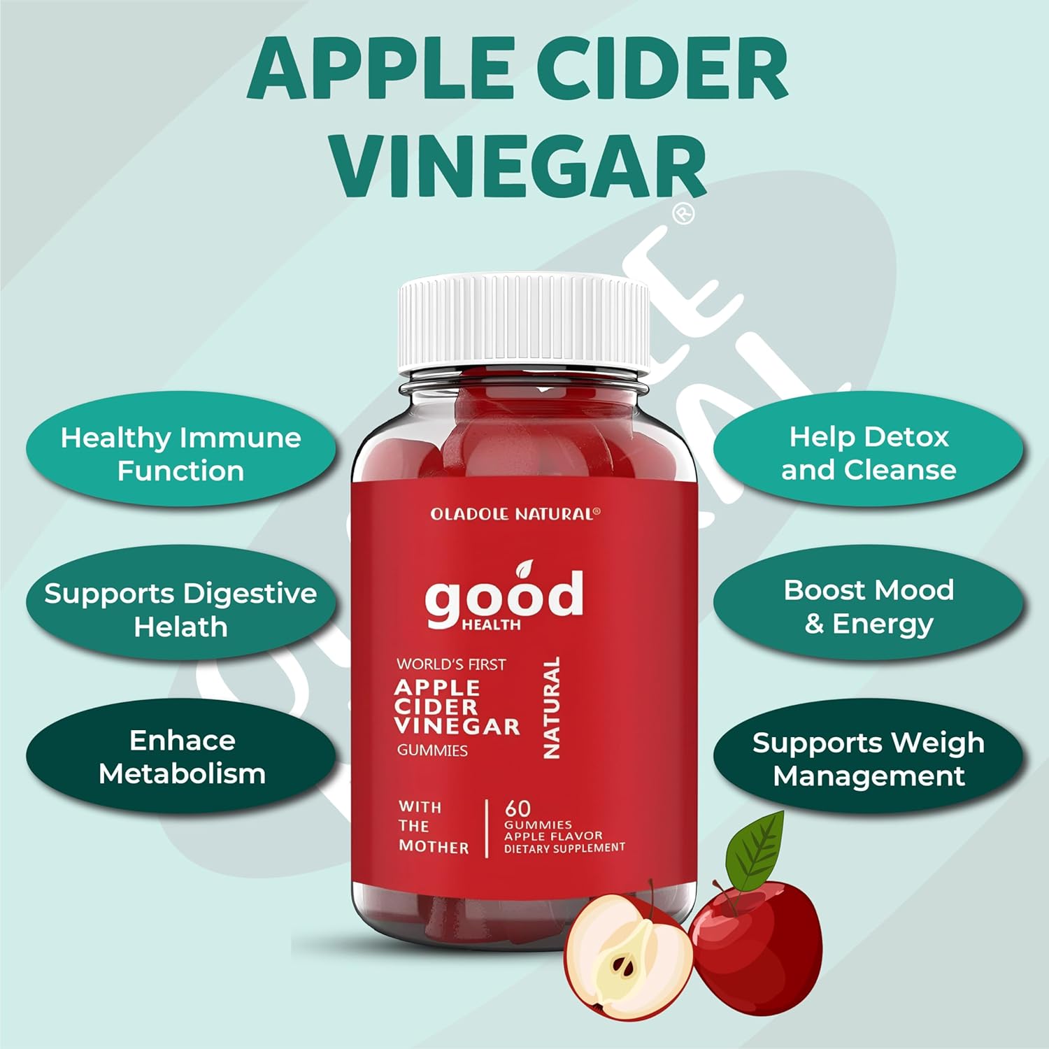 60 Oladole Apple Cider Vinegar Gummies with Mother, Vitamin B12, B9, Pomegranate, Beetroot - Gelatin-Free, Gluten-Free, Vegan