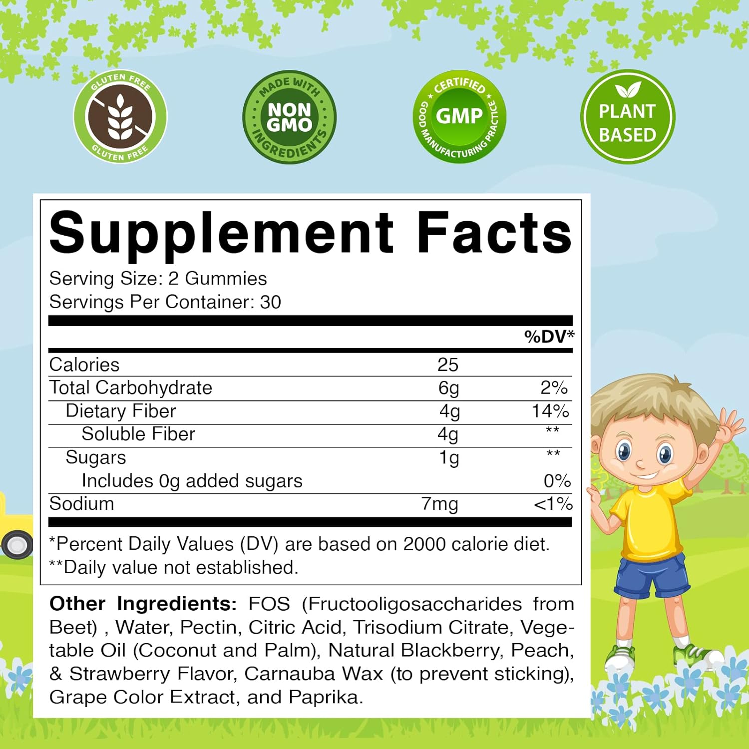 60 Pectin-Based Fiber Gummies for Kids - Prebiotic & Sugar-Free - Promotes Digestive Health & Regularity - 4G Extra Strength Fiber