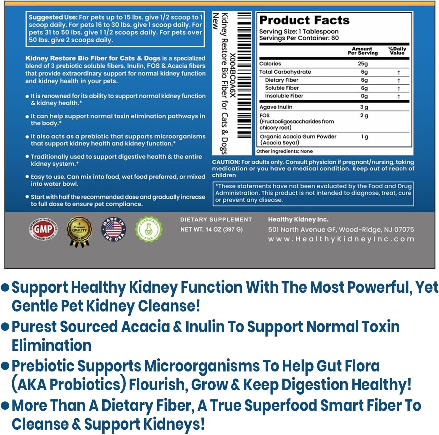 60 Servings of Kidney Restore Bio Fiber for Cat & Dog Kidney Health, Supports Normal Kidney Function, Renal Support Pet Supplement with Renal Food
