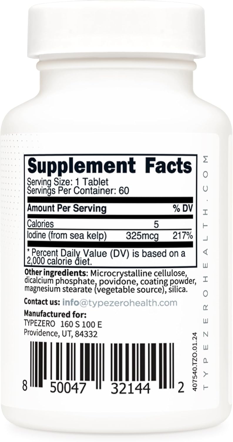 60 Servings of Type Zero Clean Iodine Tablets - 325 MCG Per Serving, Non-GMO, Gluten Free, Made from Sea Kelp