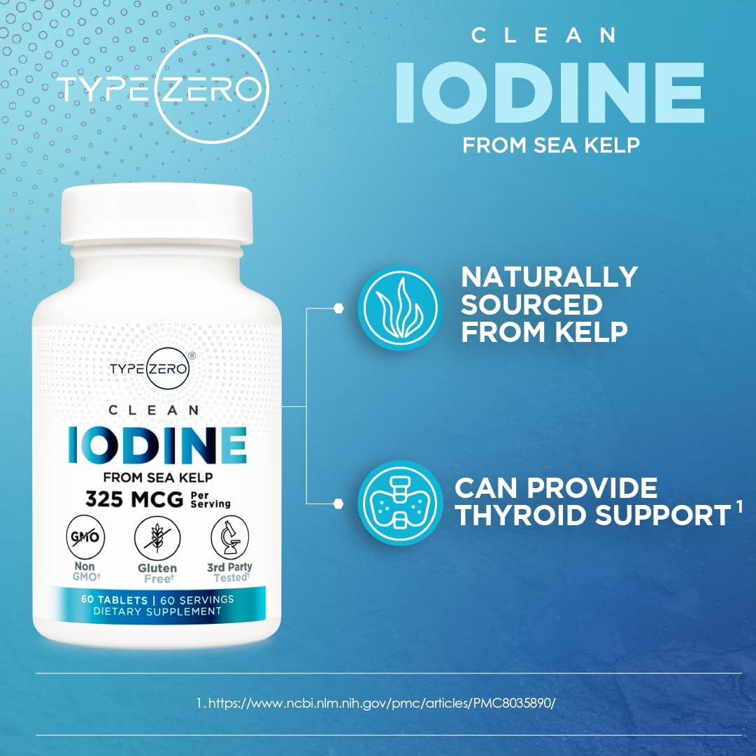 60 Servings of Type Zero Clean Iodine Tablets - 325 MCG Per Serving, Non-GMO, Gluten Free, Made from Sea Kelp
