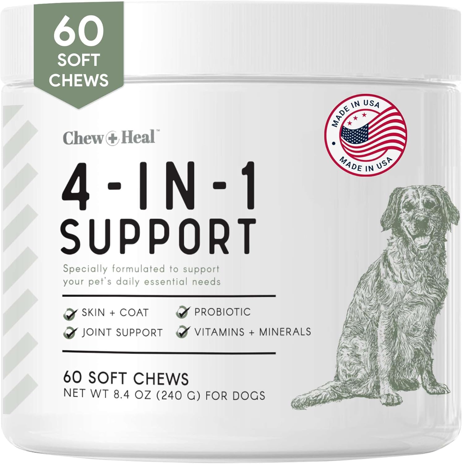 60 Soft Chew Treats Chewable Multivitamin with Probiotics, Digestive Enzymes, Omega, Calcium - All-in-One Dog Vitamin for Skin, Coat, Hip & Joint Support - Made in USA by Chew + Heal Labs