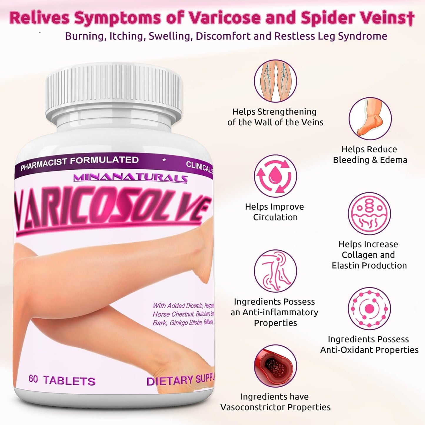 60 Tablet Minanaturals VaricoSolve - Natural Supplement for Leg Veins