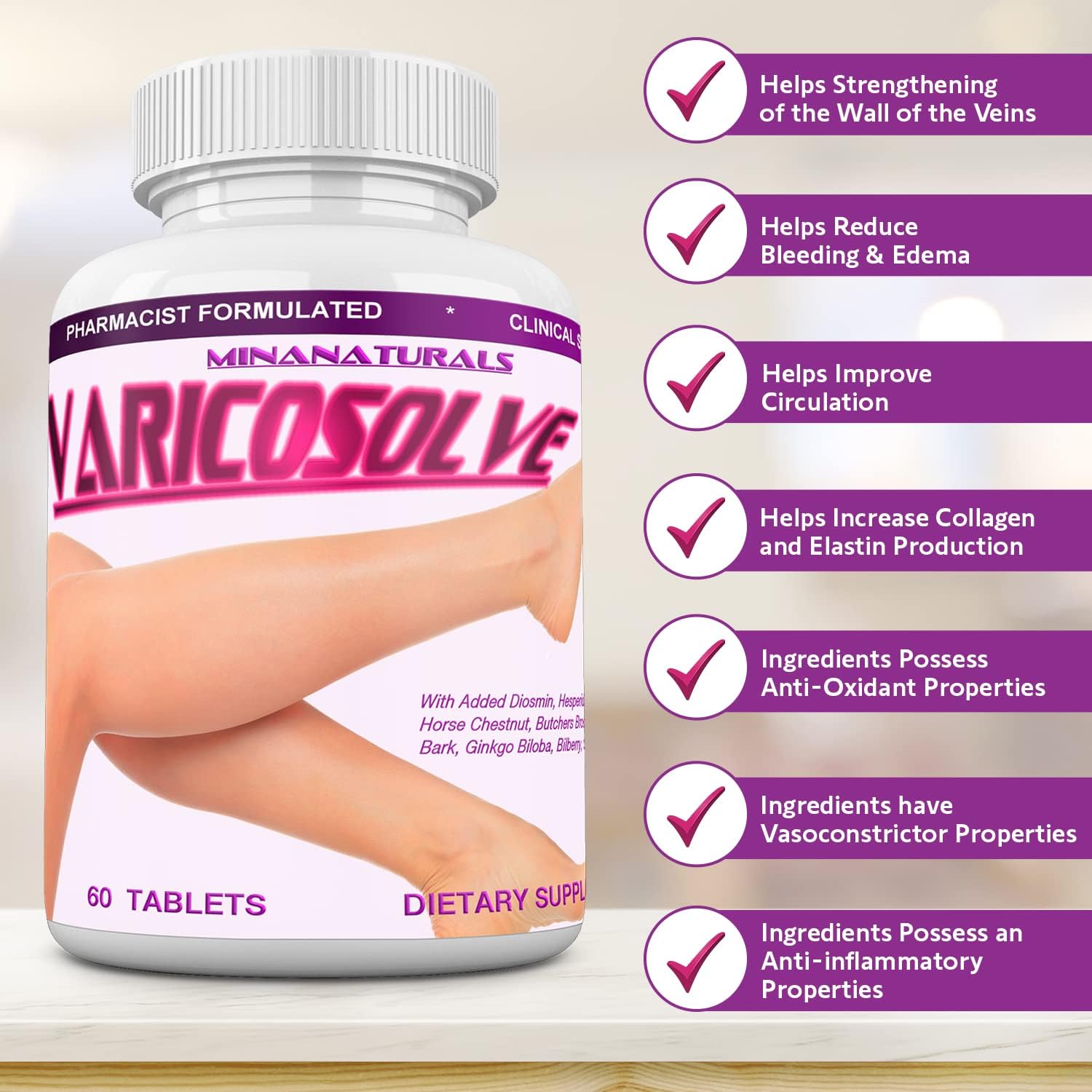 60 Tablet Minanaturals VaricoSolve - Natural Supplement for Leg Veins