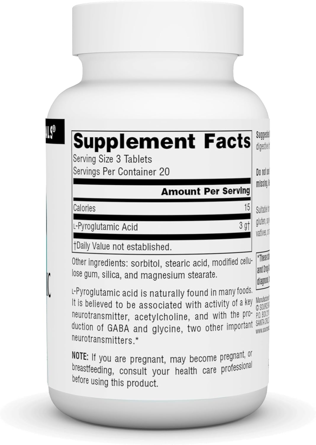60 Tablets Source Naturals L-Pyroglutamic Acid Supplement for Enhanced Brain Function