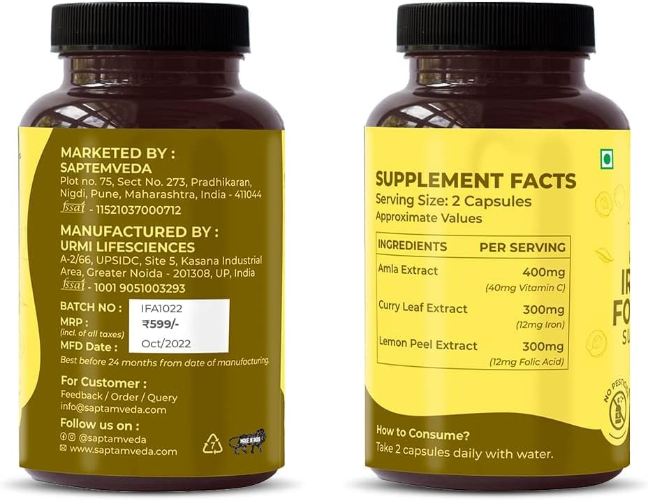 60 Veg Capsules of Kavir Natural Iron, Folic Acid, and Vitamin C Supplement